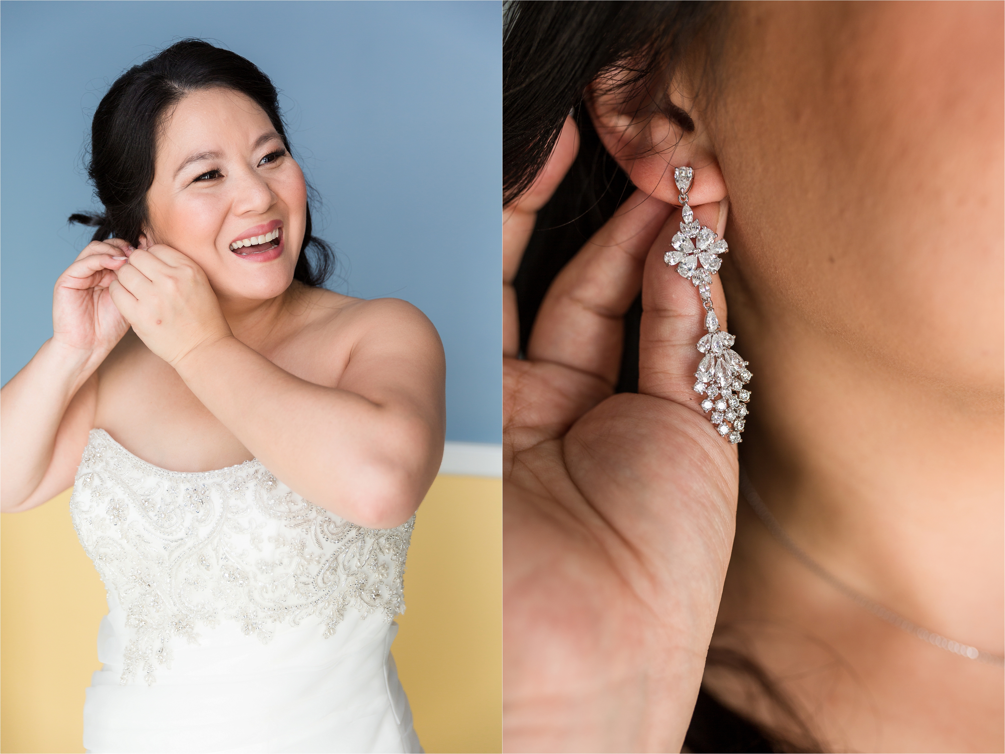 Bride putting on diamond earrings