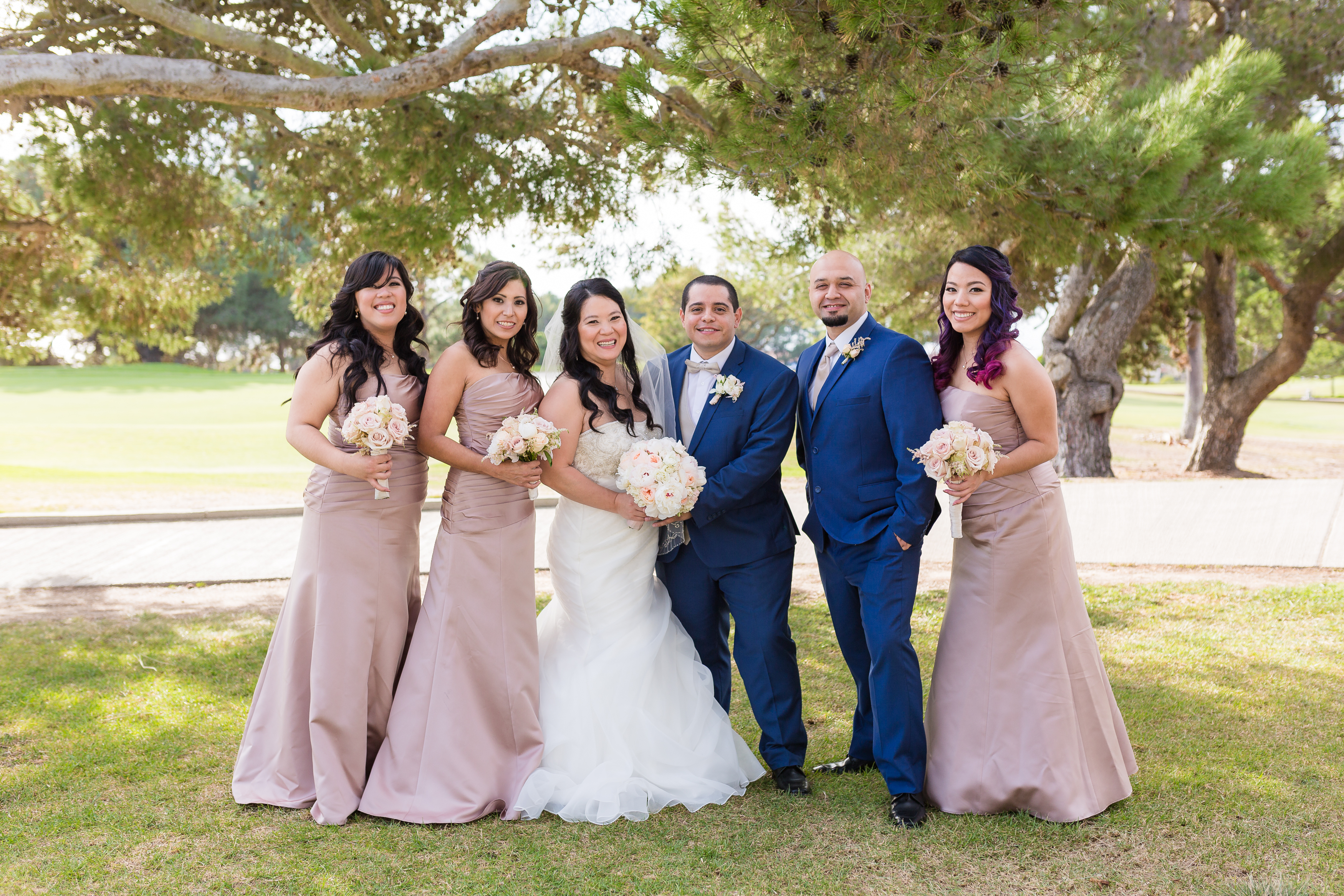 Bride and groom with bridesmaids and best man