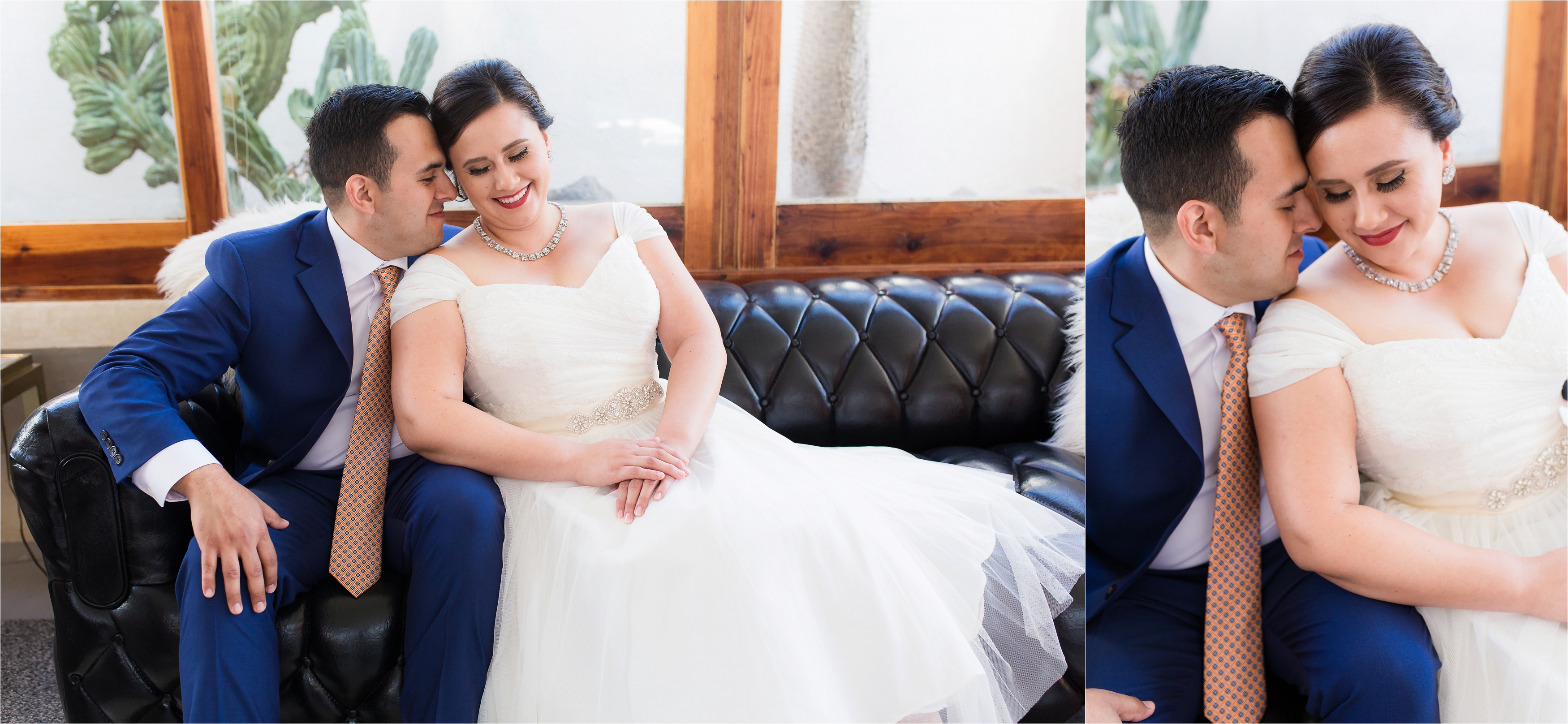 Bride and groom snuggling into each other on black leather couch at The Lautner