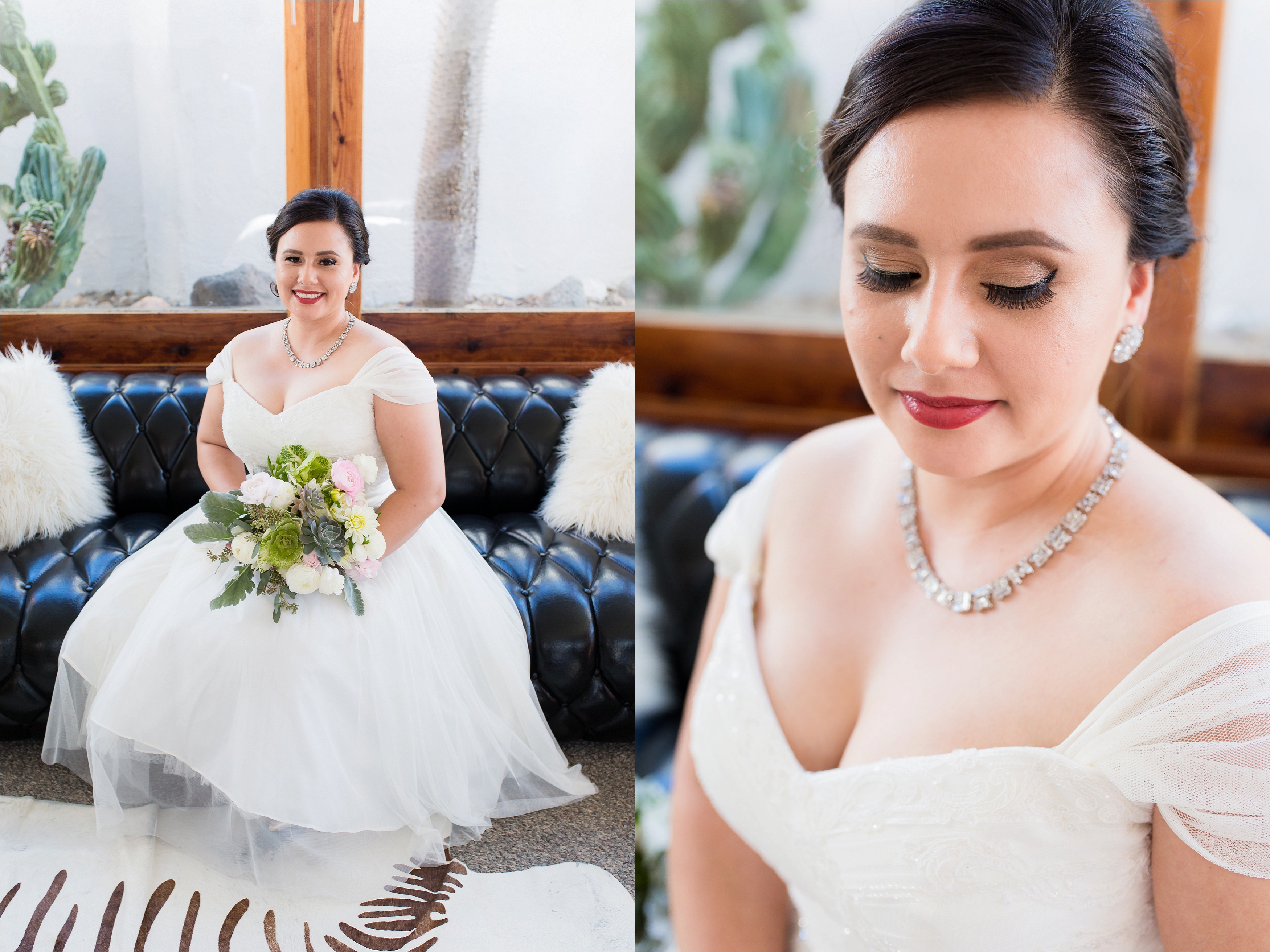 Bridal portrait sitting on black leather couch with wedding bouquet