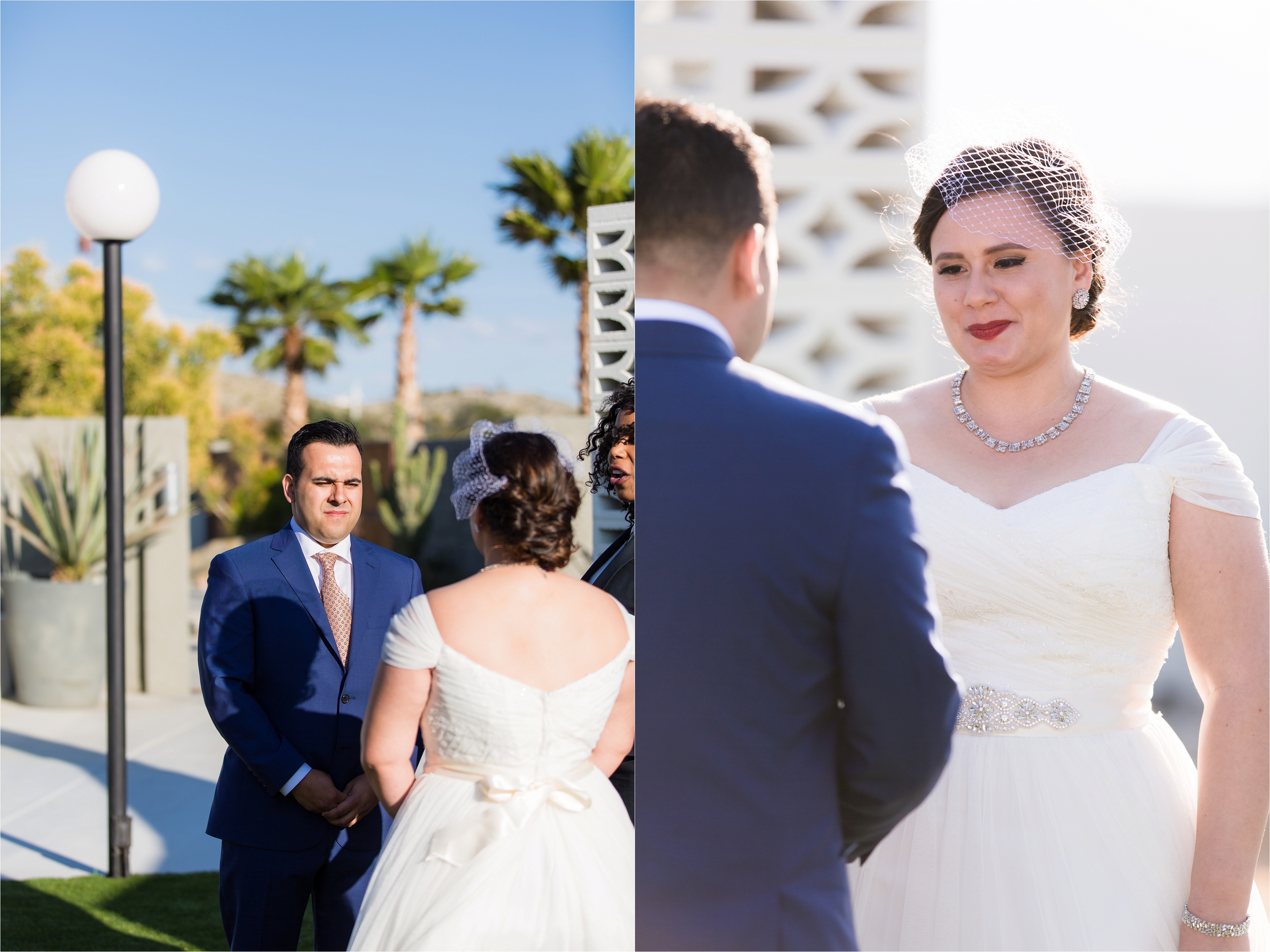 Bride and groom gazing emotionally into each other's eyes during ceremony