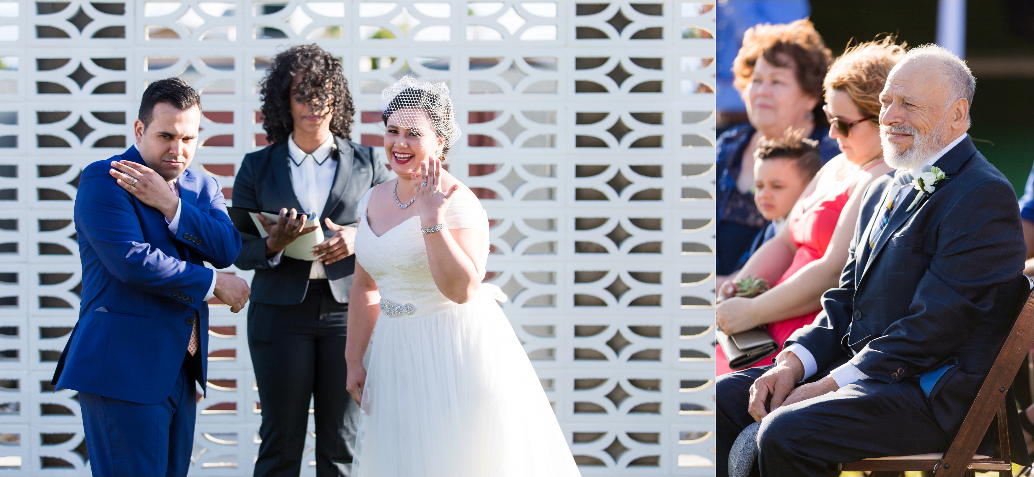 Couple shows off wedding rings during Palm Springs wedding ceremony