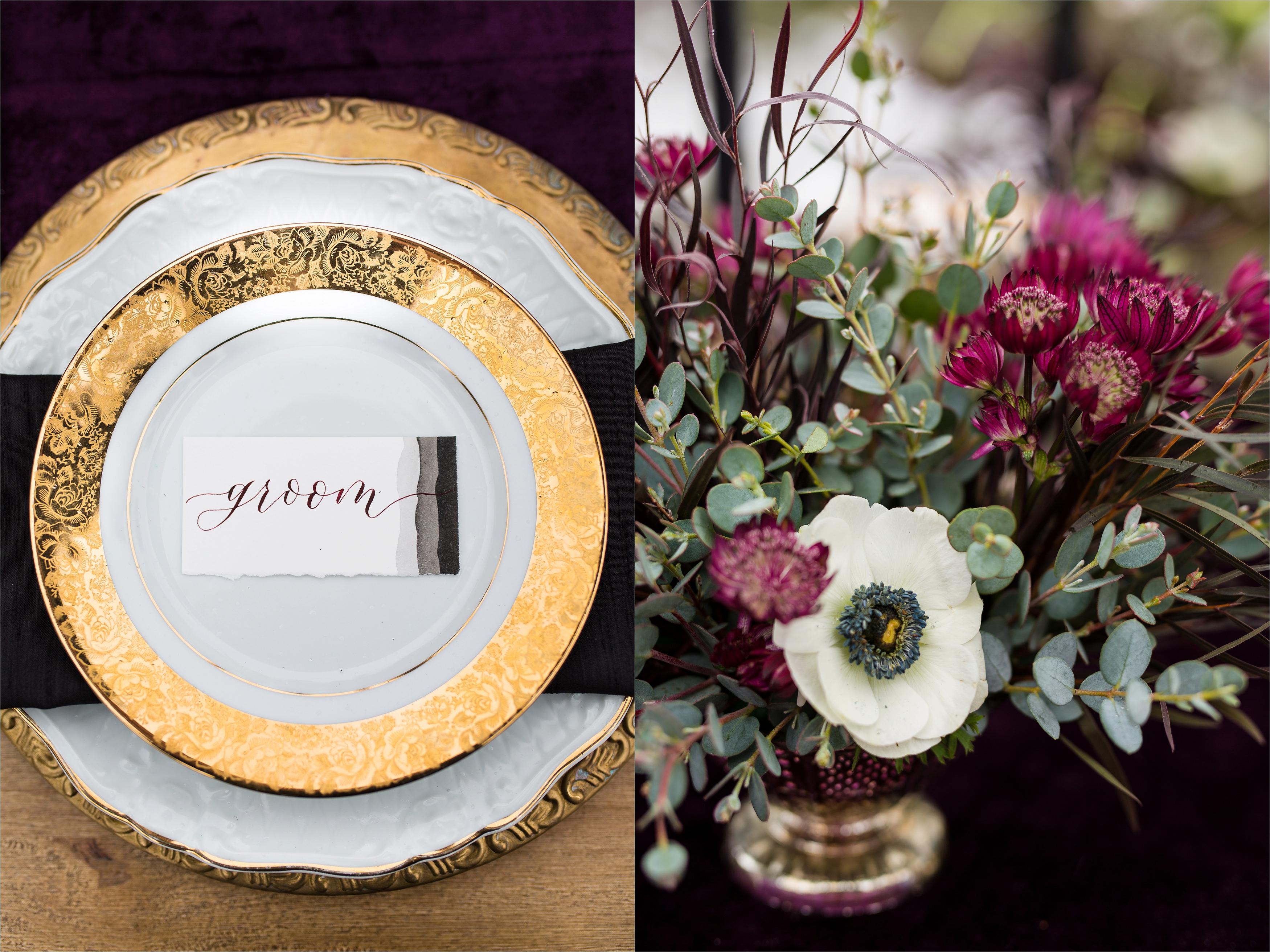 Gold lined plates and winter succulent flowers