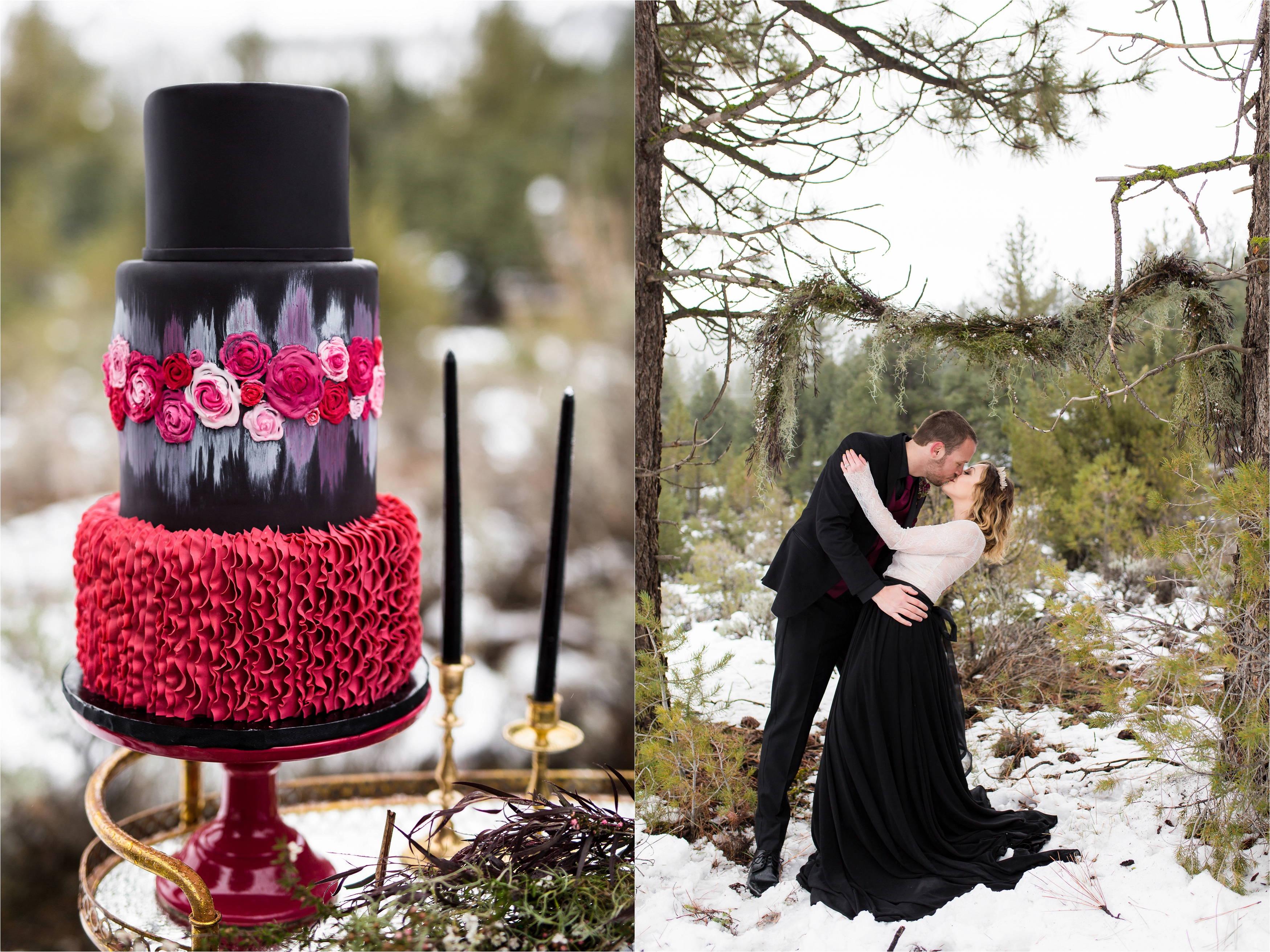 Epic black and red tiered wedding cake with flowers