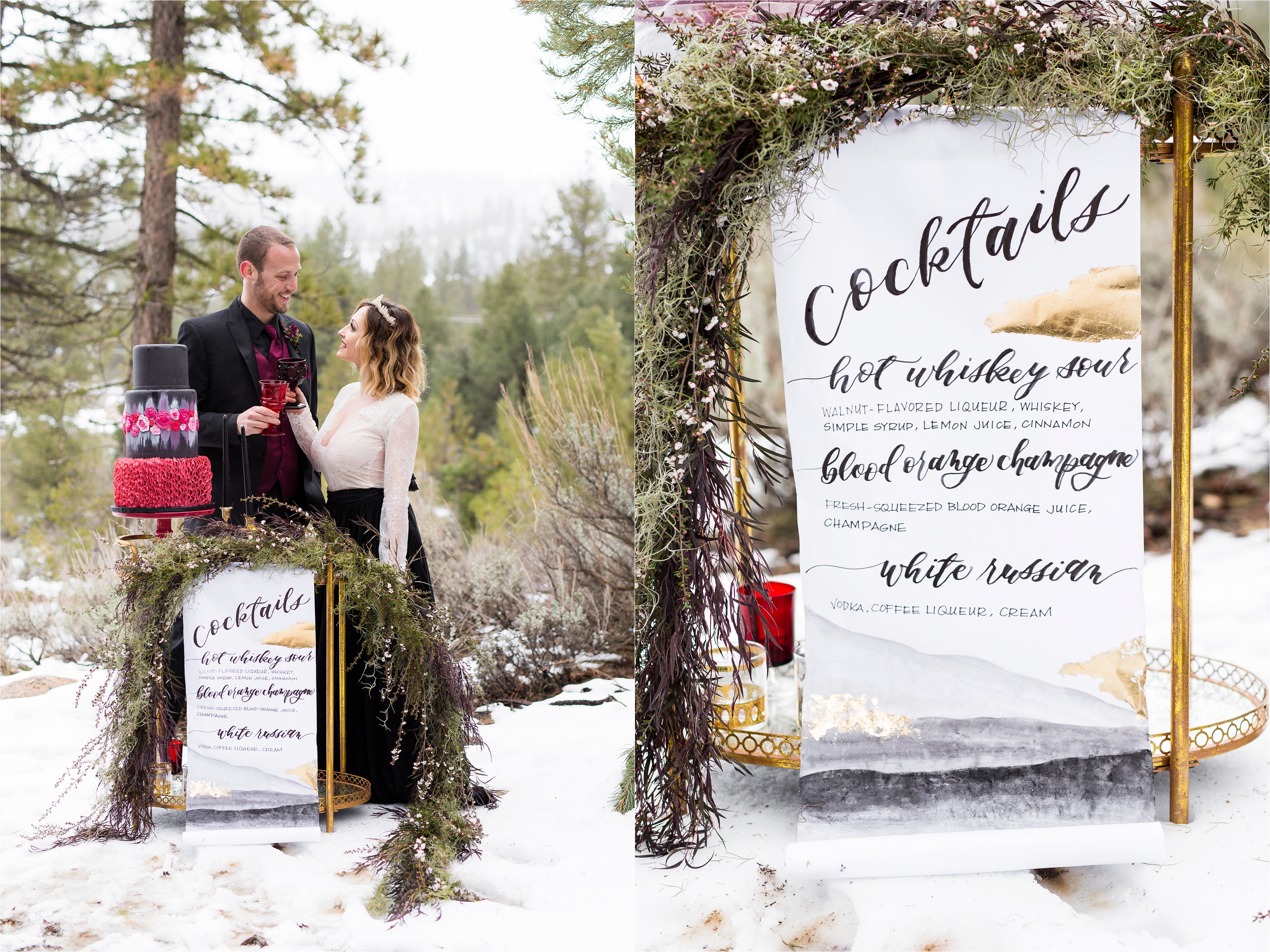 Wedding couple toasts at cake table during reception in snow, CA