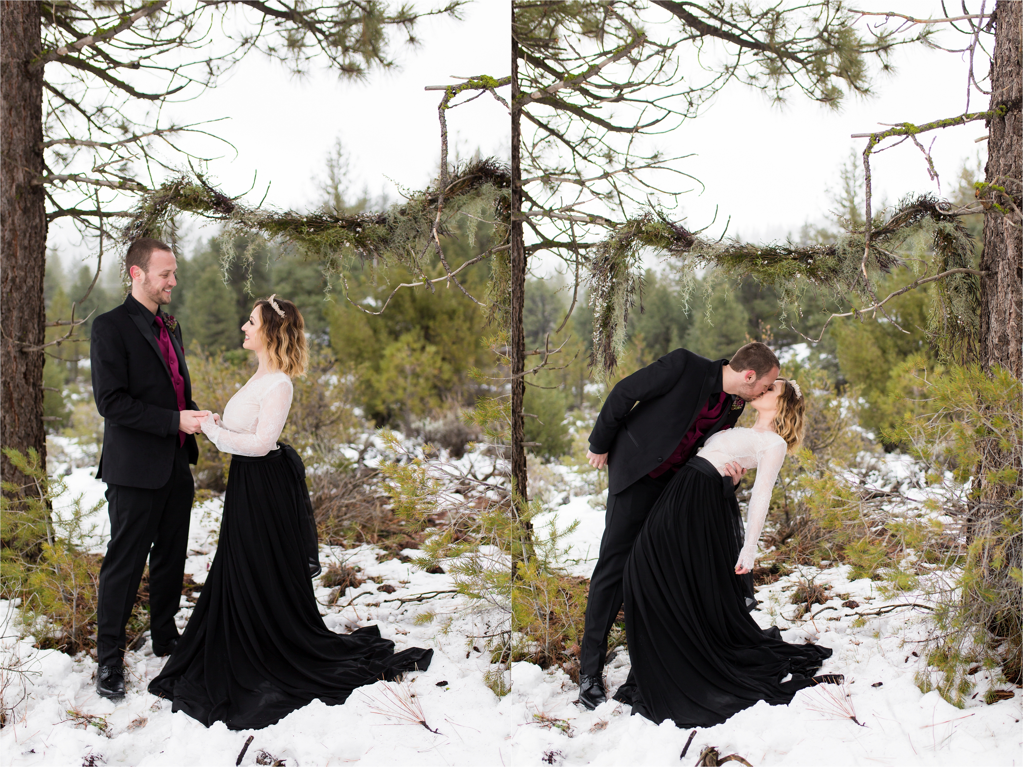 Wedding couple's first kiss at ceremony in snow in Frazier Park, CA