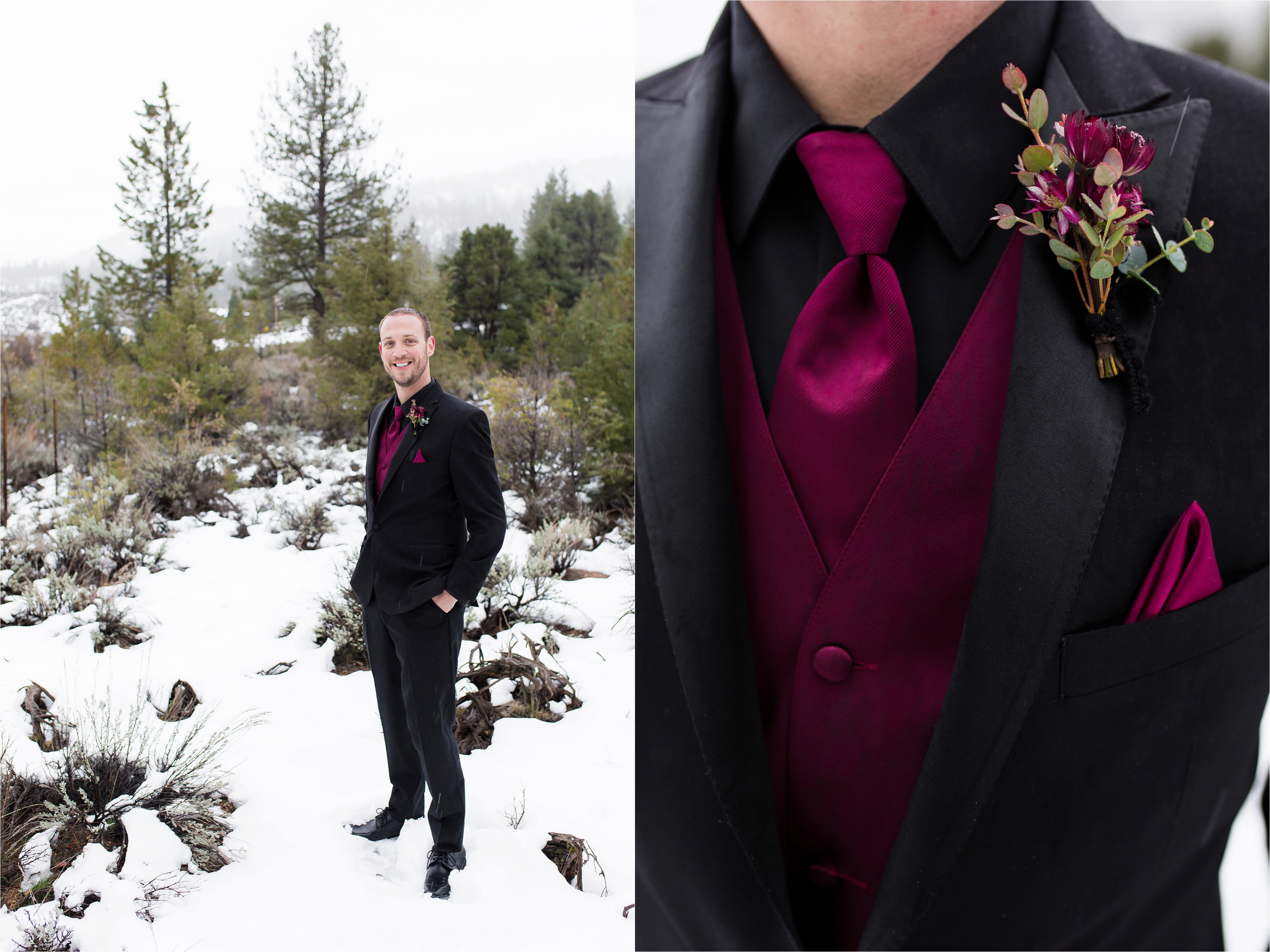Groom in black tuxedo with burgundy tie, pocket square and boutonniere 
