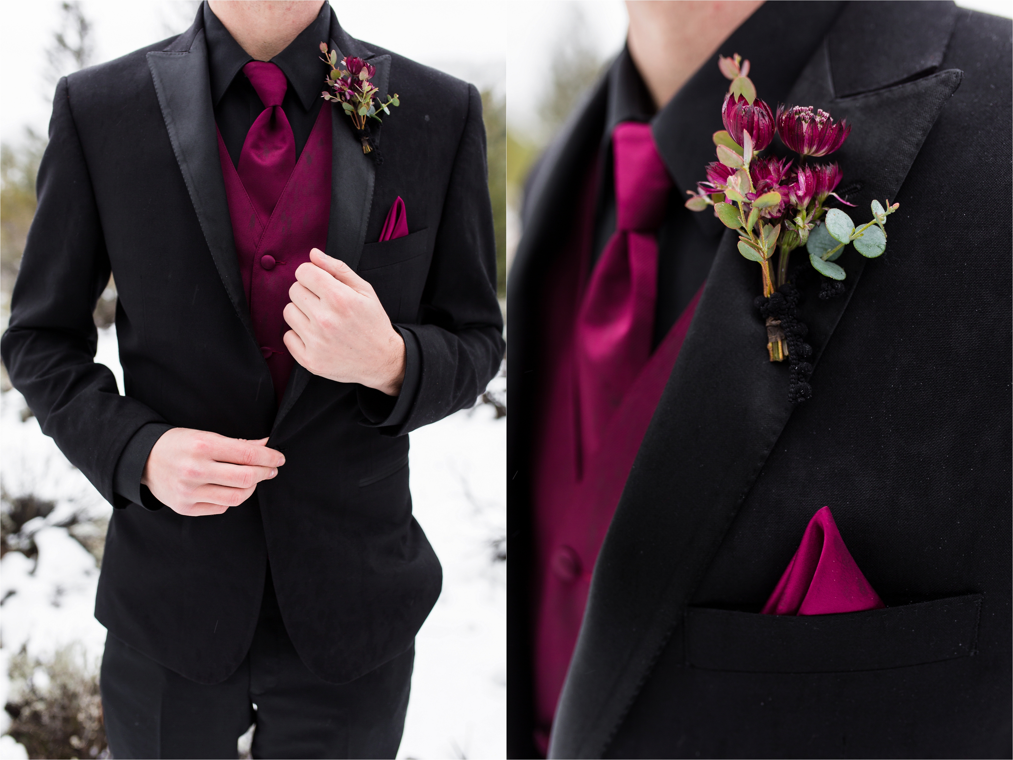 Black tuxedo with burgundy vest, tie, pocket square and boutonniere 