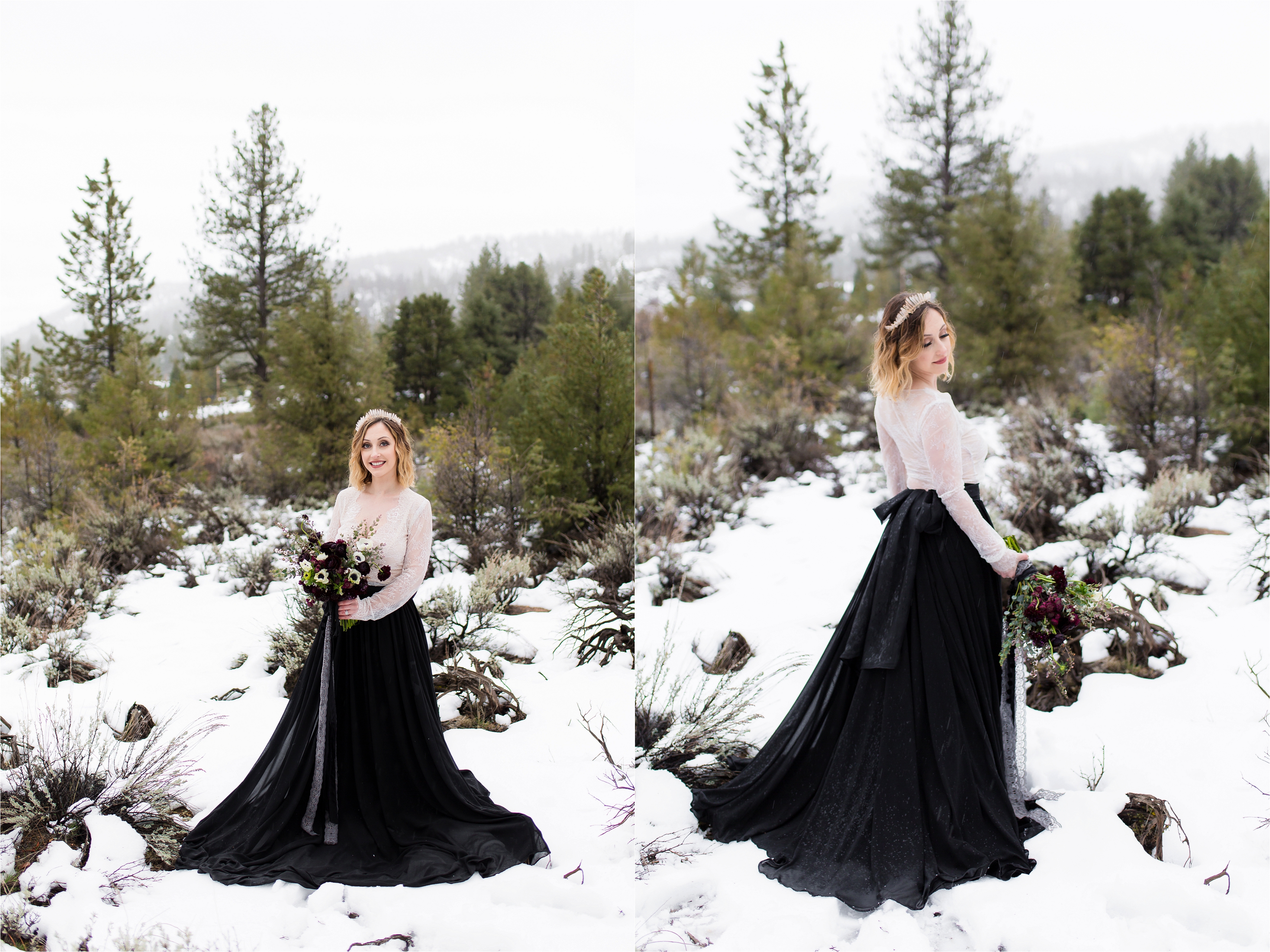 Bride in two piece black and white wedding dress and moody wedding bouquet in snow