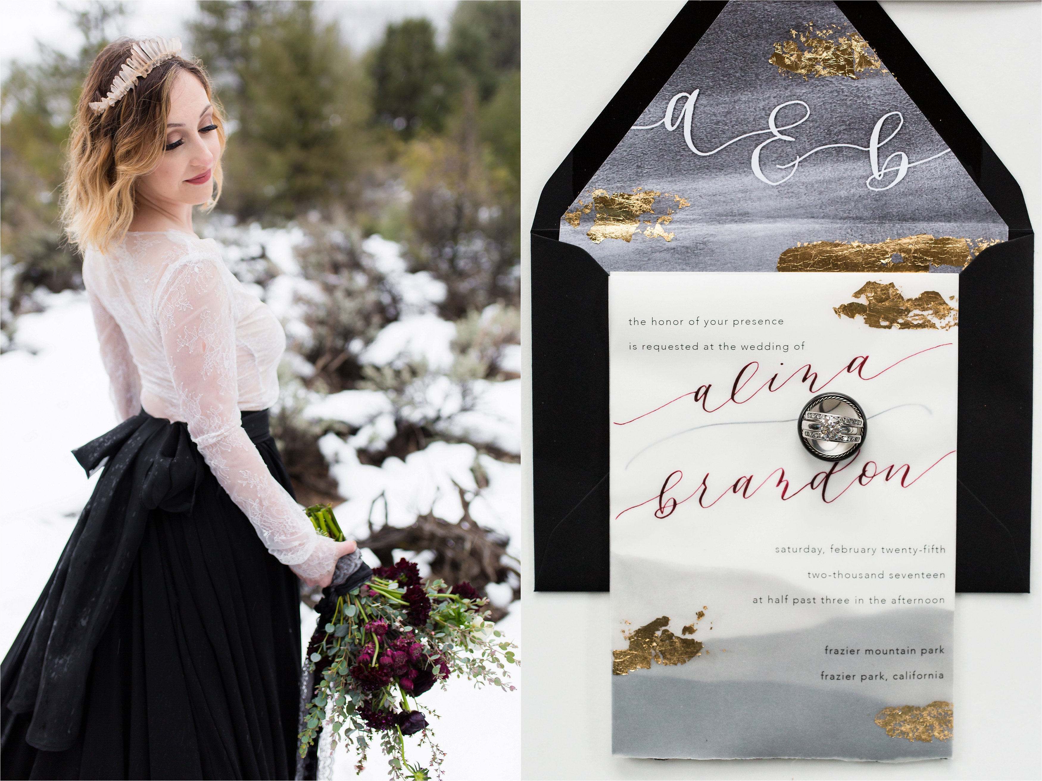 Bride in two piece wedding dress and black and gold invitation stationery