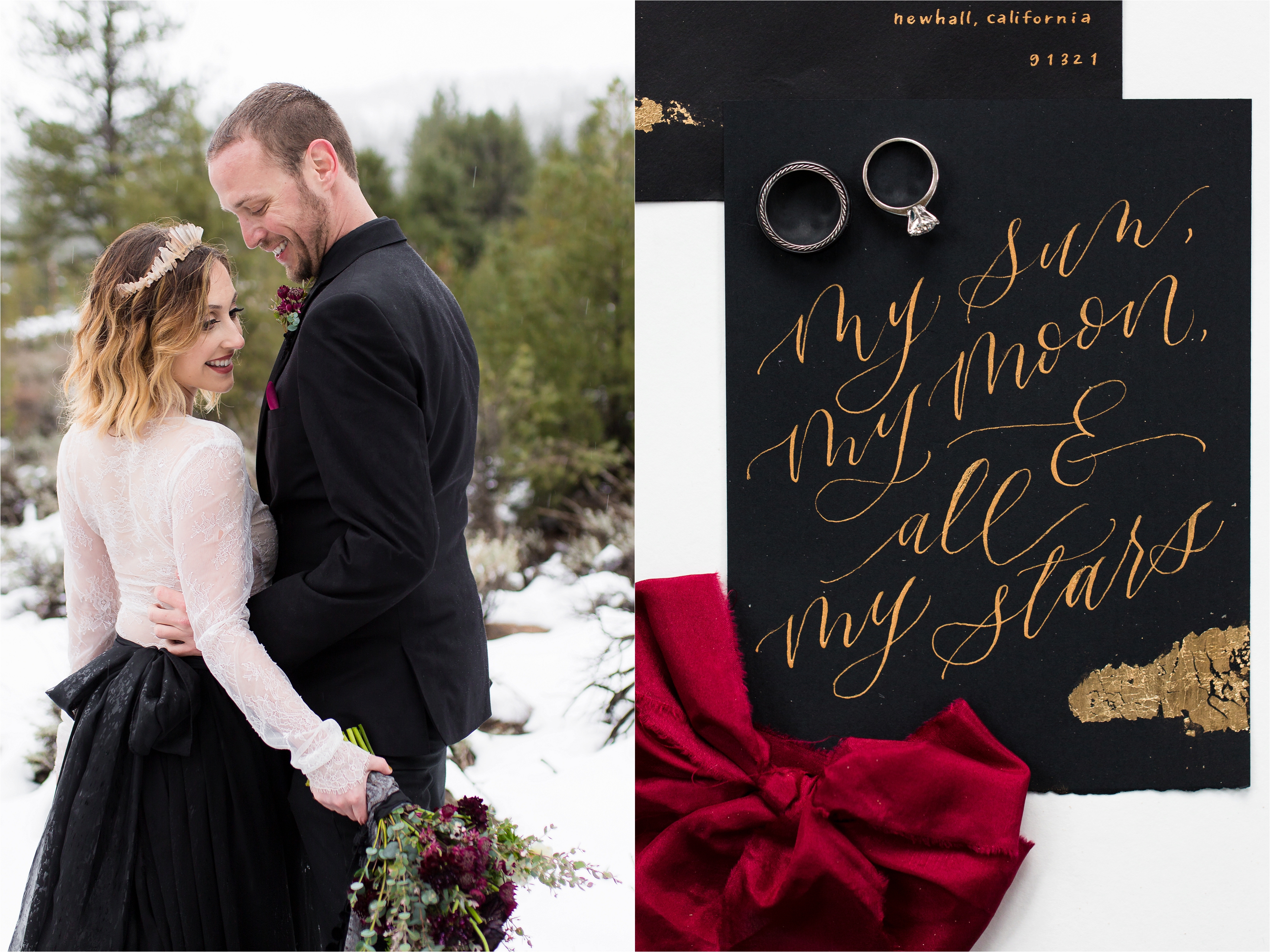 Wedding rings on black stationery with gold text