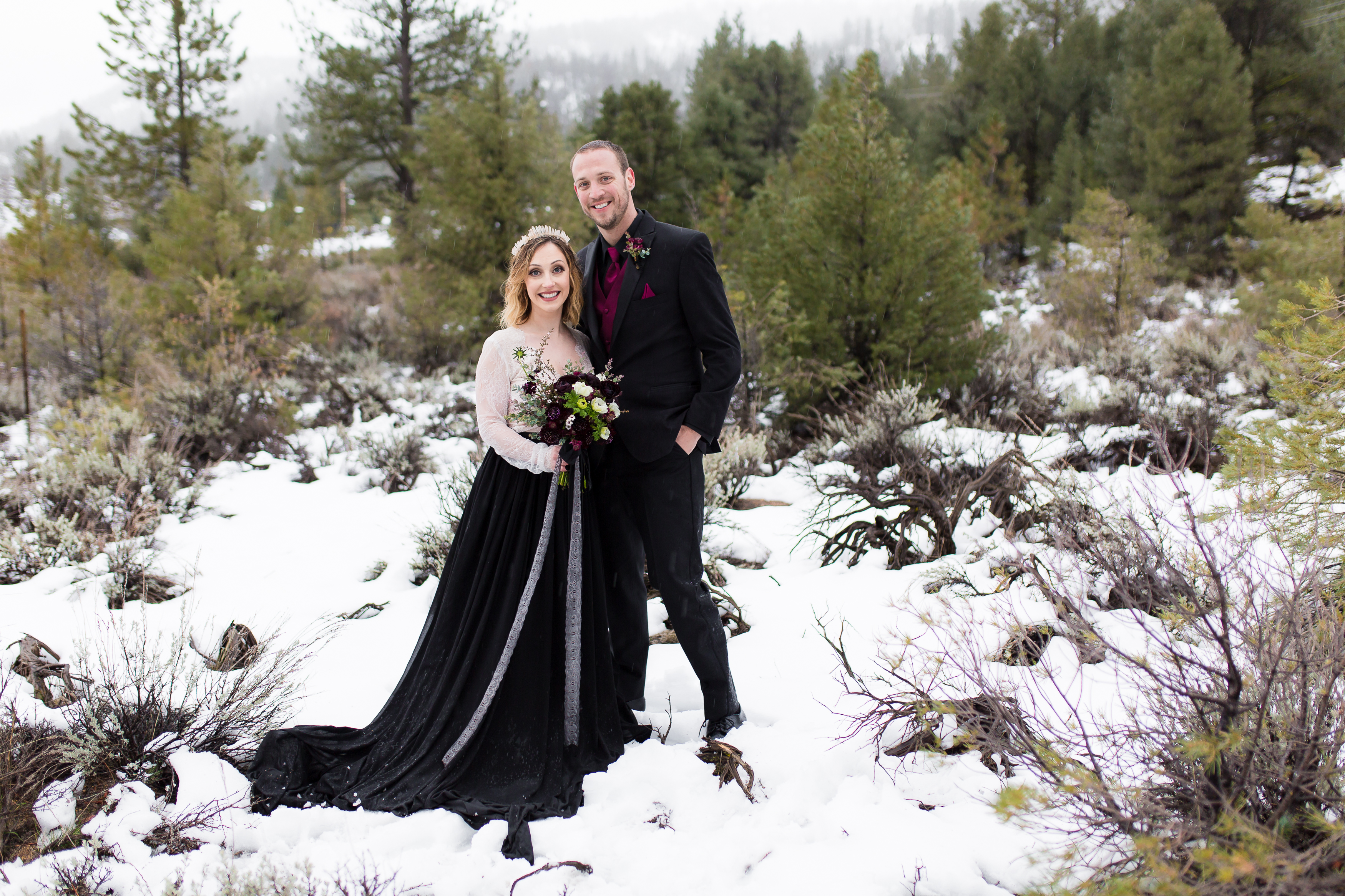 Beautiful bride and groom in snow during wedding in Frazier Park