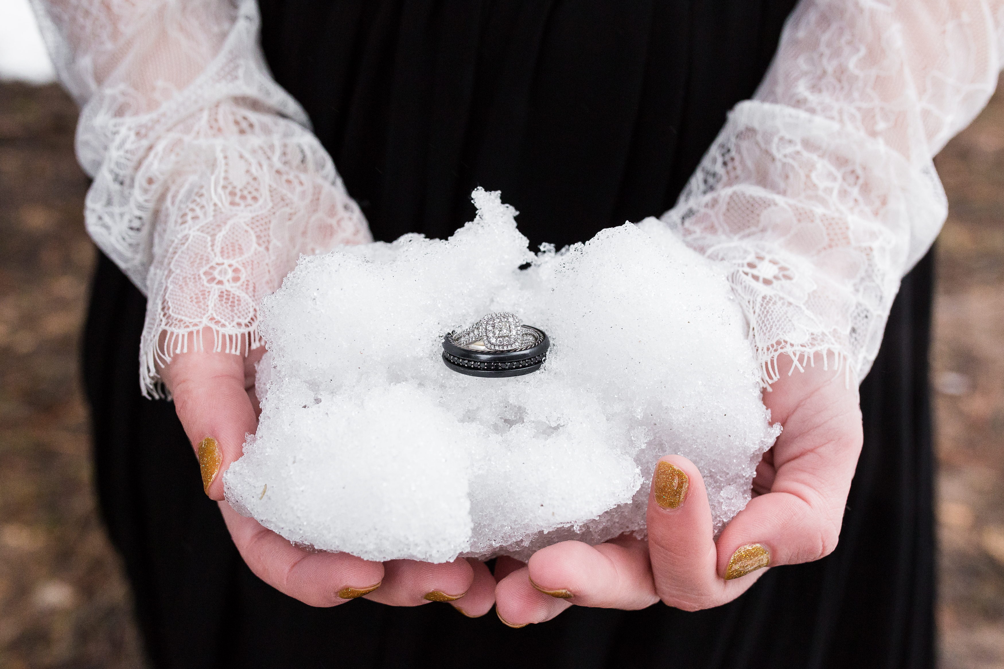 Wedding ring suite in hands holding snowball