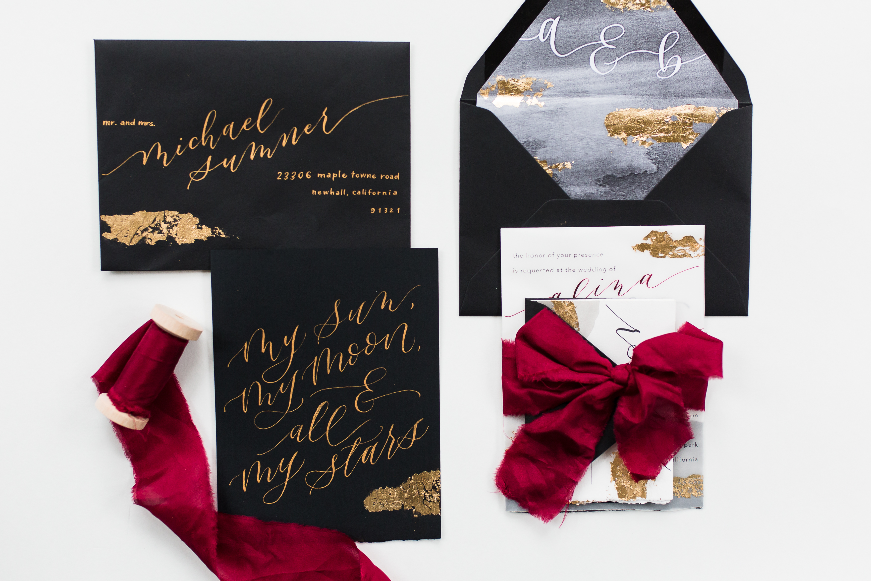 Black, red and gold stationery for Moody Winter Styled Shoot in Frazier Park, by Stefani Ciotti