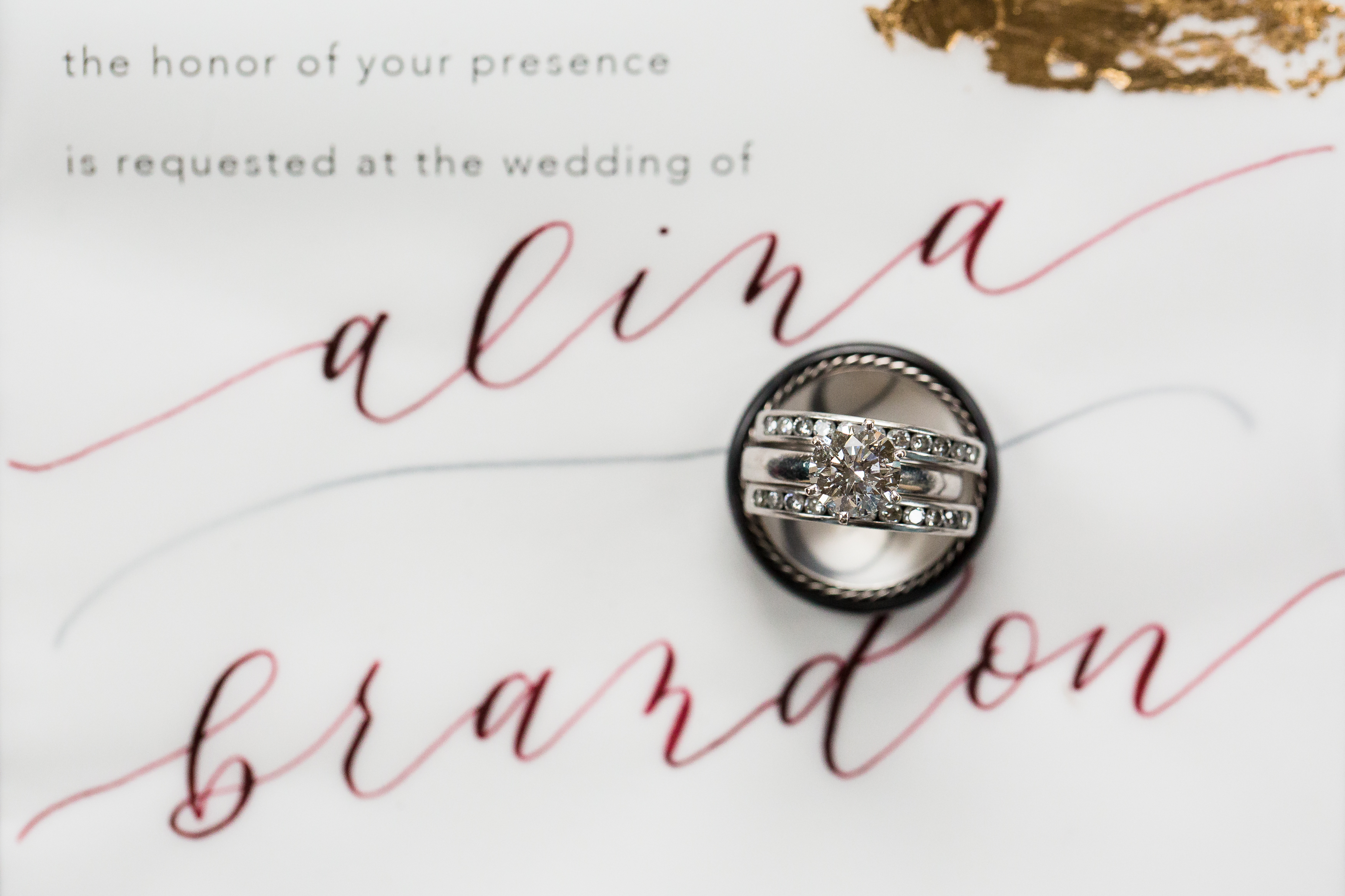 Bride and groom's wedding ring suite on wedding invitation stationery