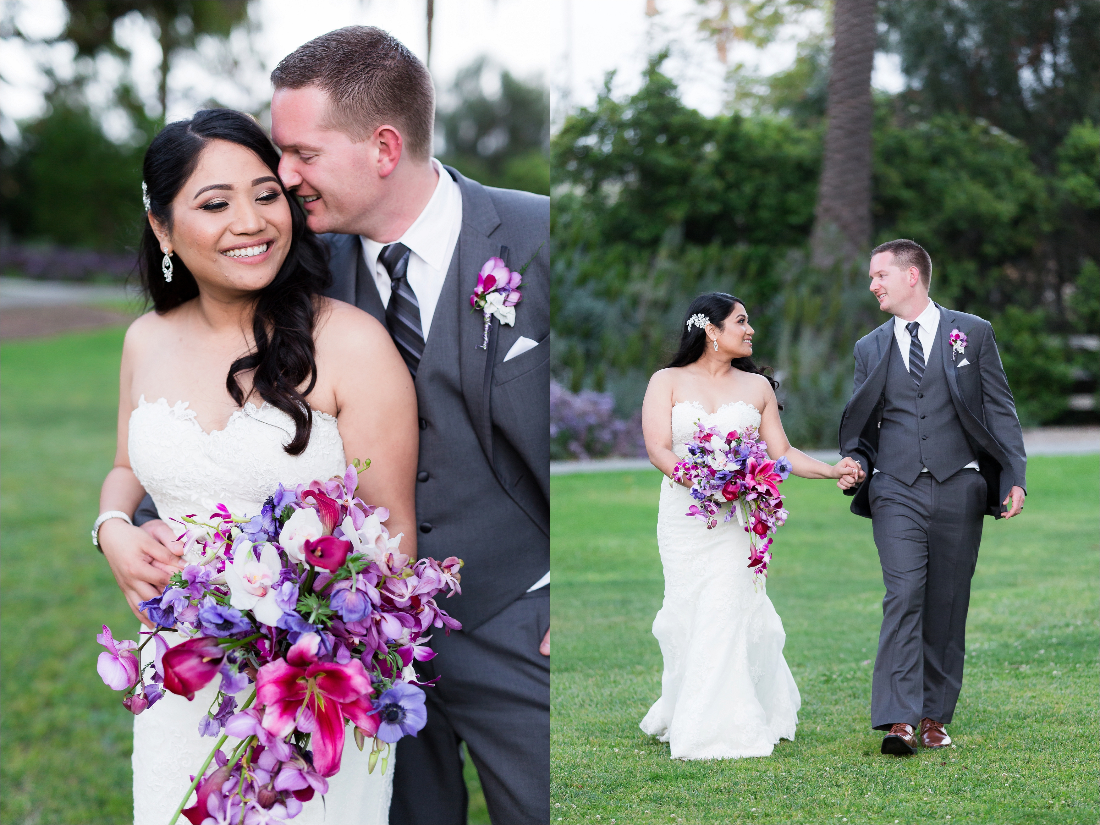 Wedding couple smiling sweetly at each other on grass