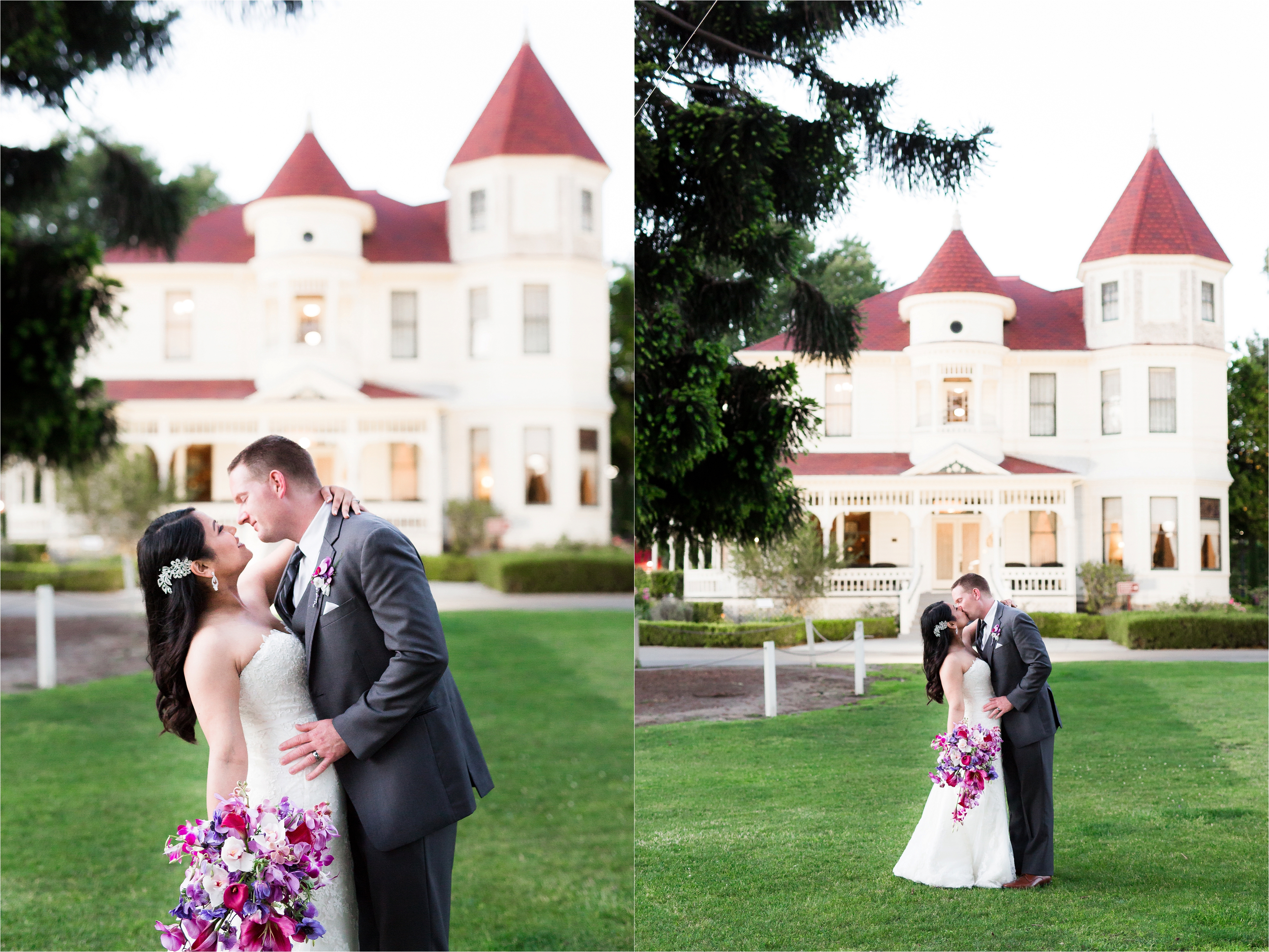 Wedding couple dips and kisses in front of Camarillo Ranch House in CA