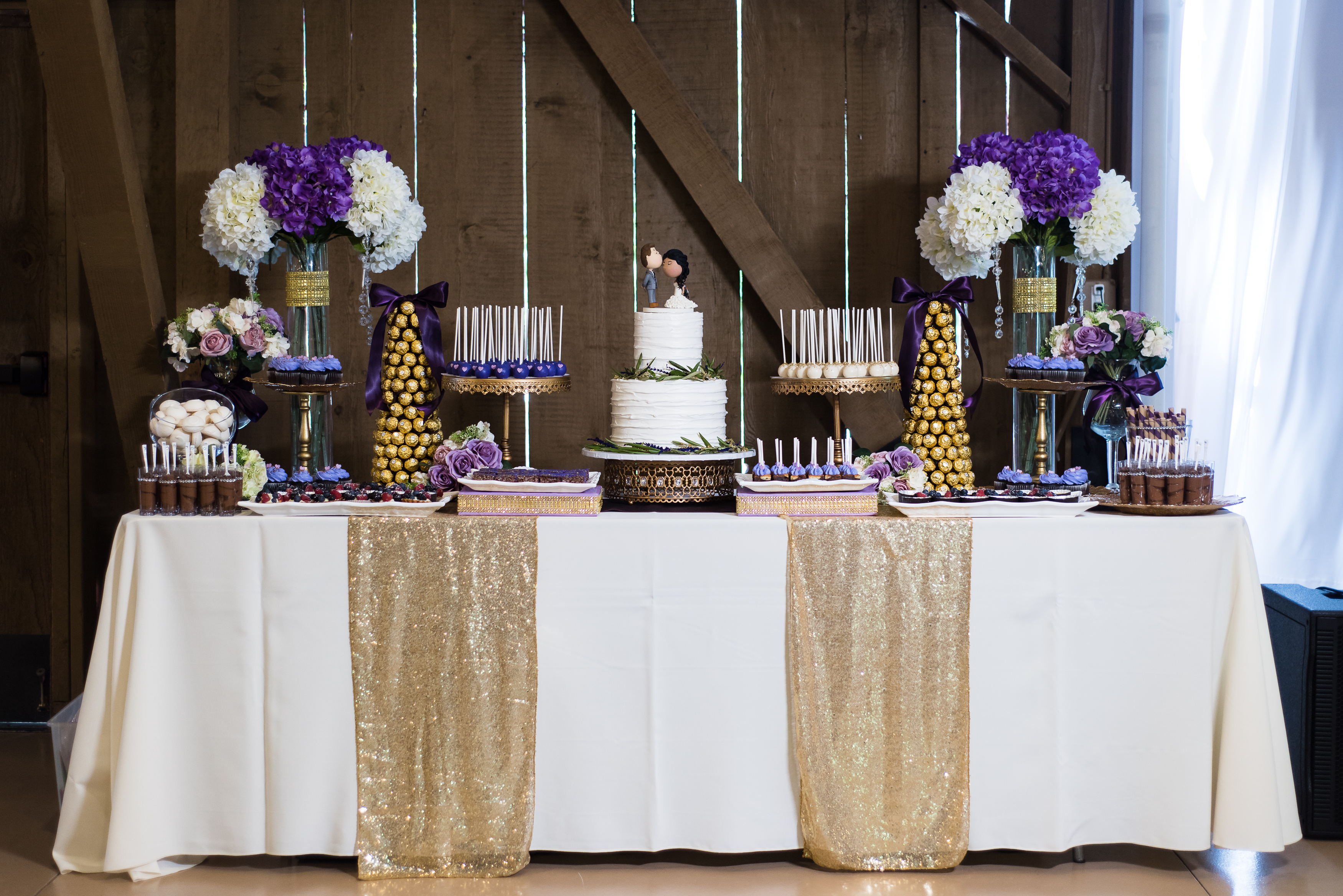 Dessert table with purple and white flowers, wedding cake, chocolate and cake pops