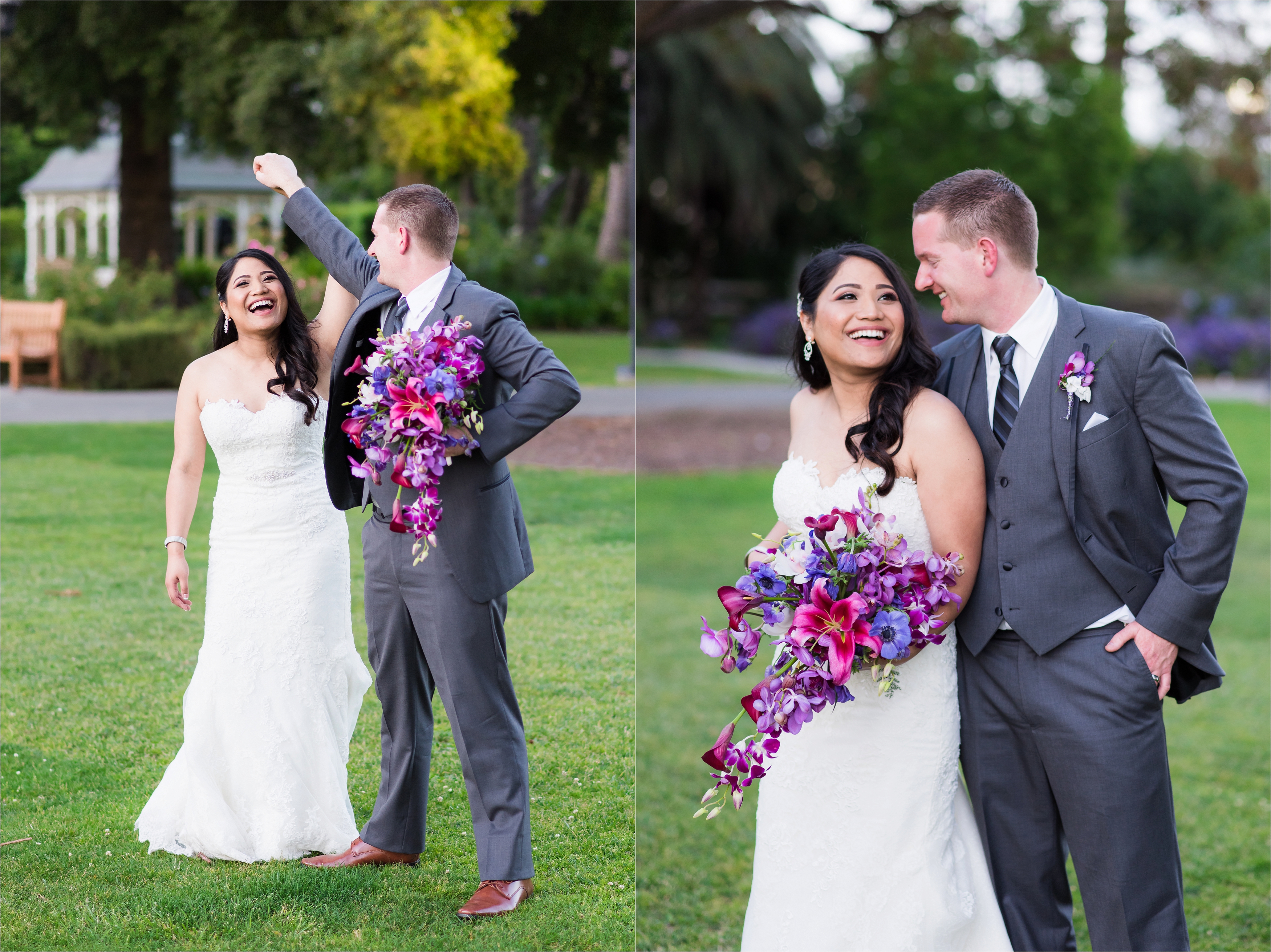Wedding couple dances and laughs on lawn at Camarillo Ranch House