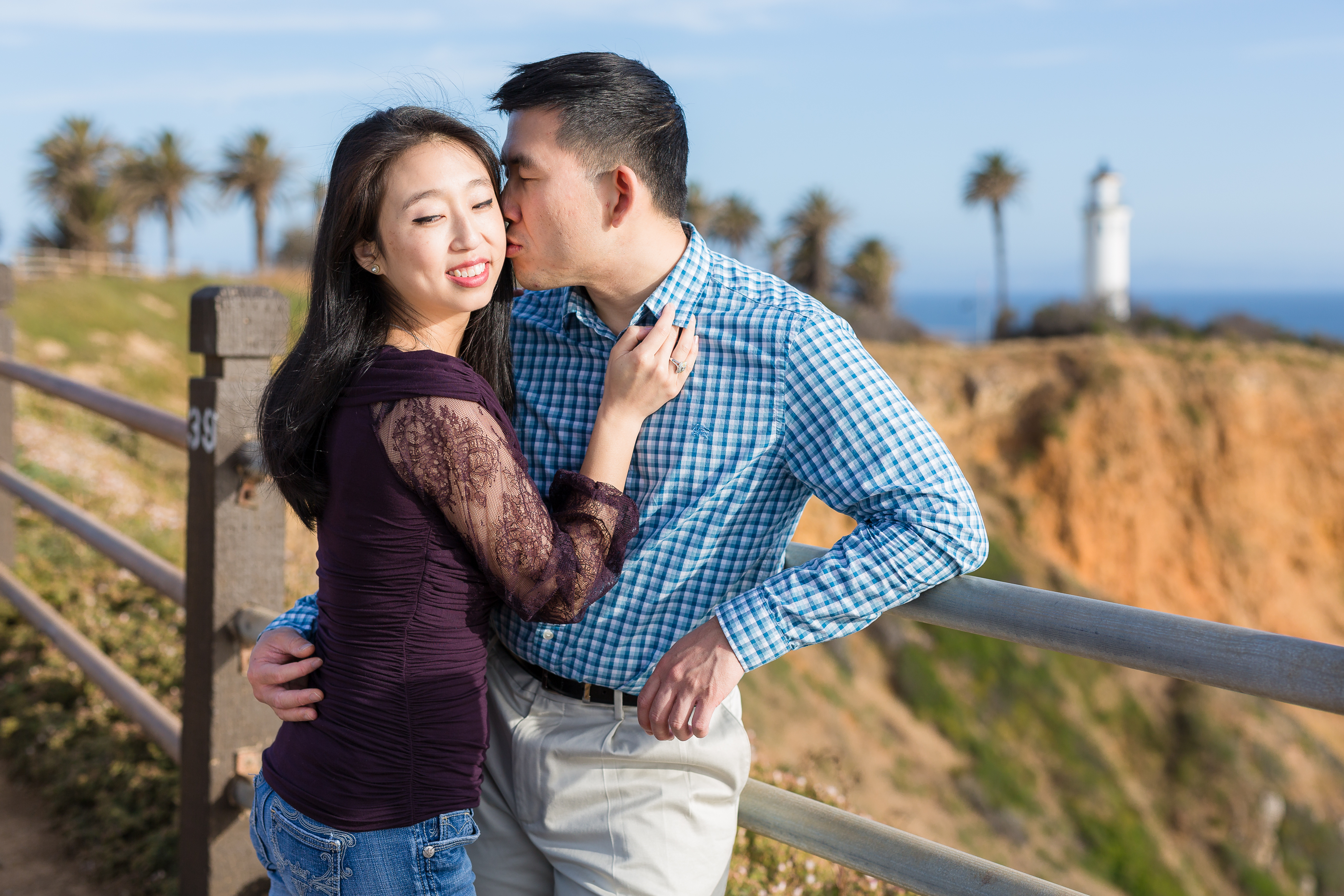 Romantic moment between man and woman during Palos Verdes engagement