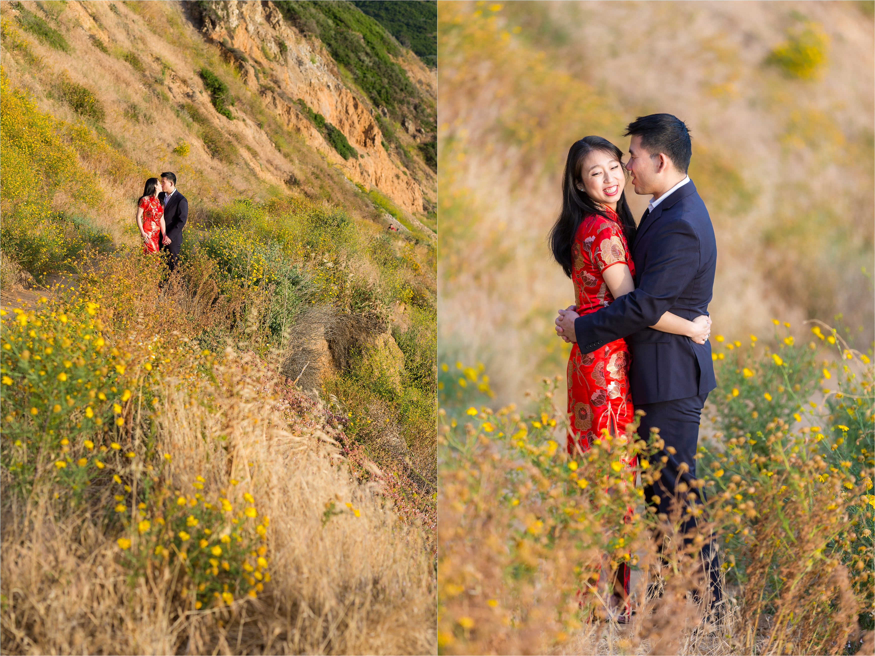 Sweethearts holding each other in yellow field along cliffside