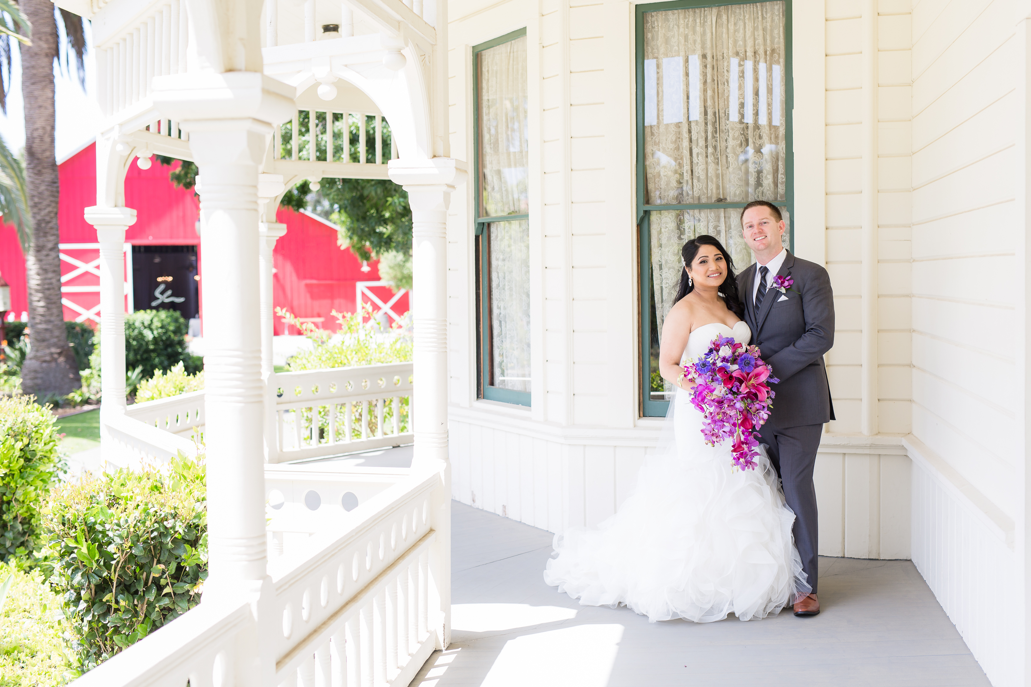 Wedding couple on deck of Camarillo Ranch House