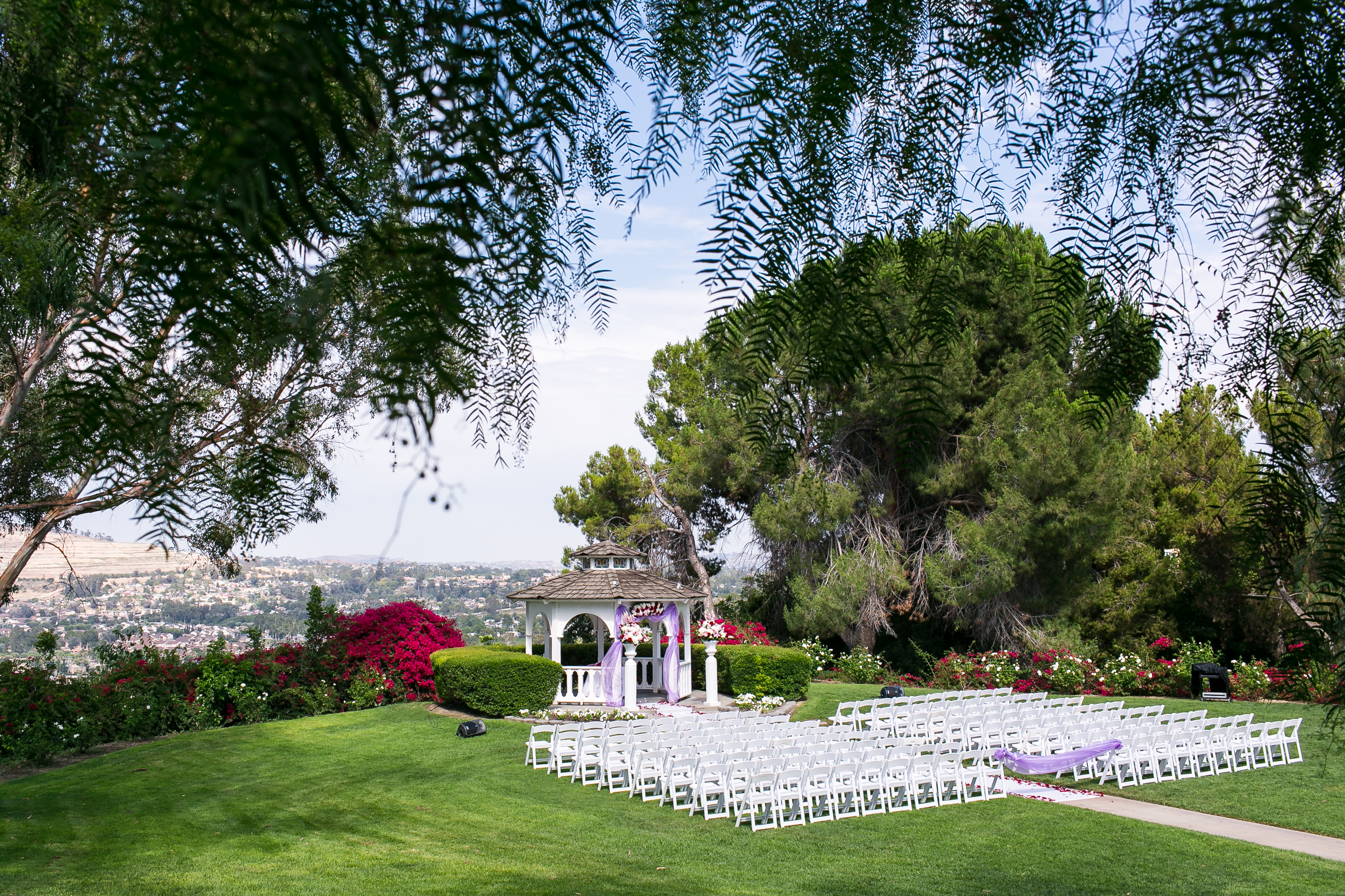 Outdoor ceremony site in grass surrounded by trees overlooking city
