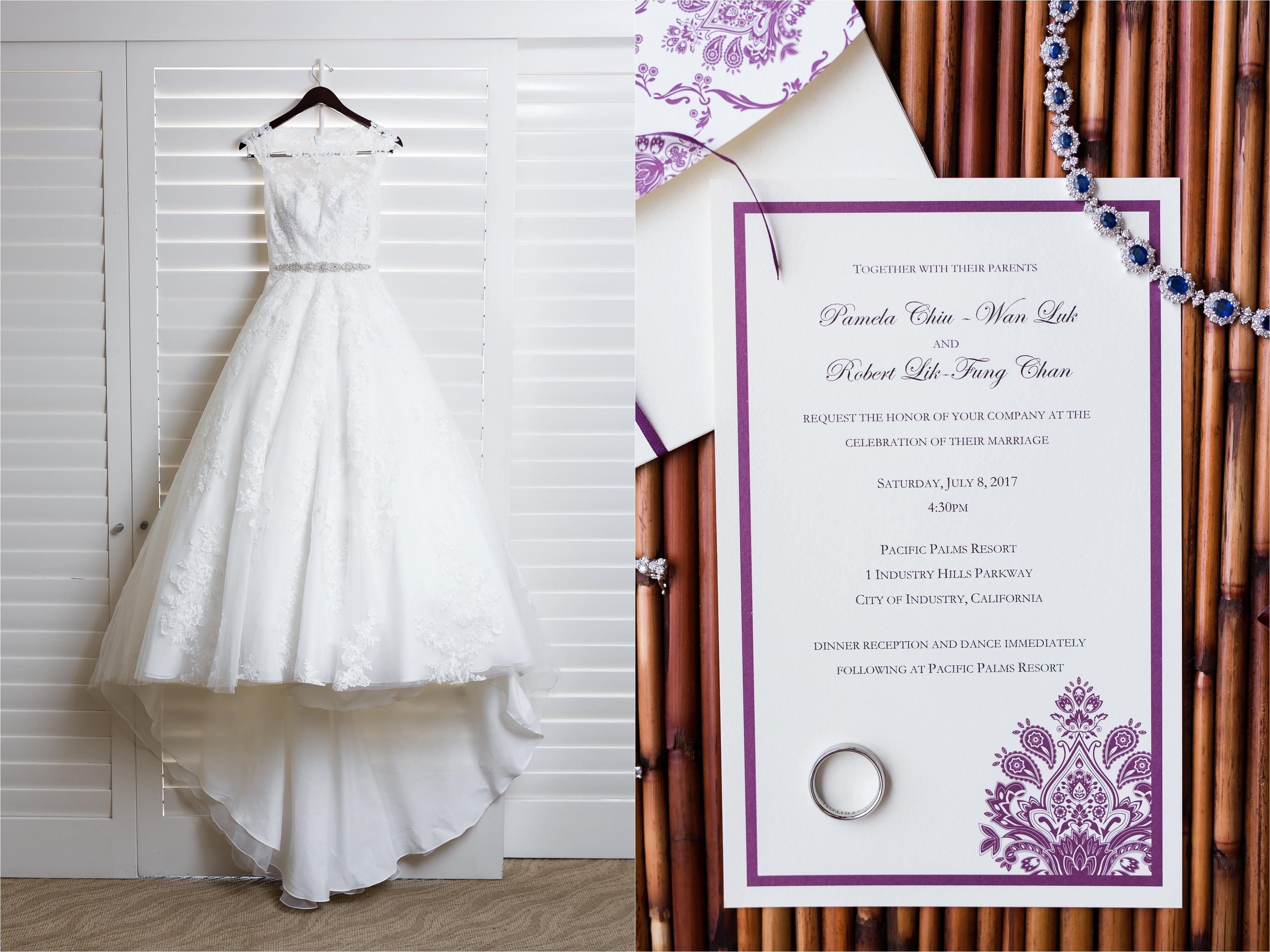 Pacific Palms Resort Wedding Dress and invitation close up