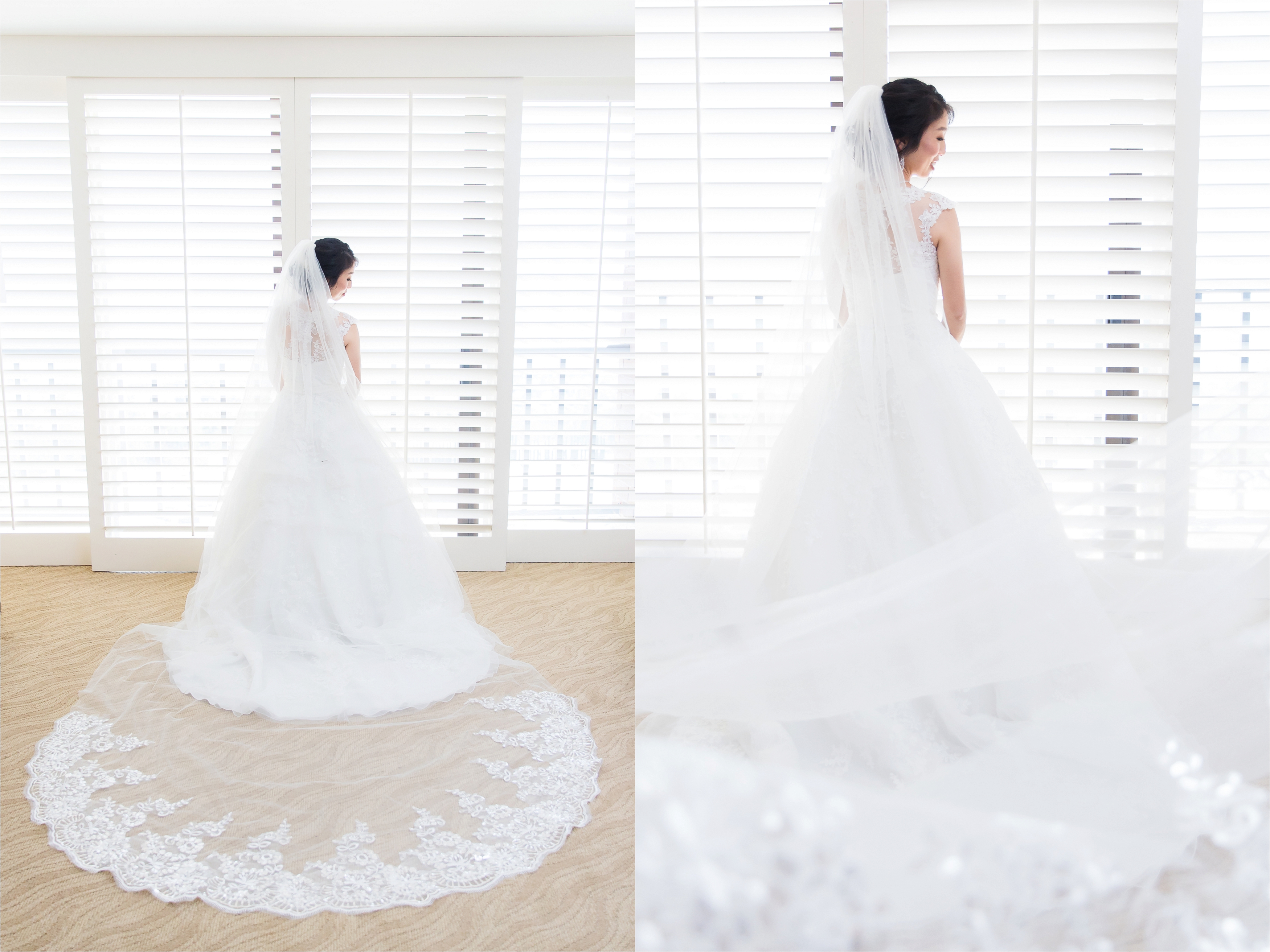 Back of bride's white wedding dress and long flowing veil