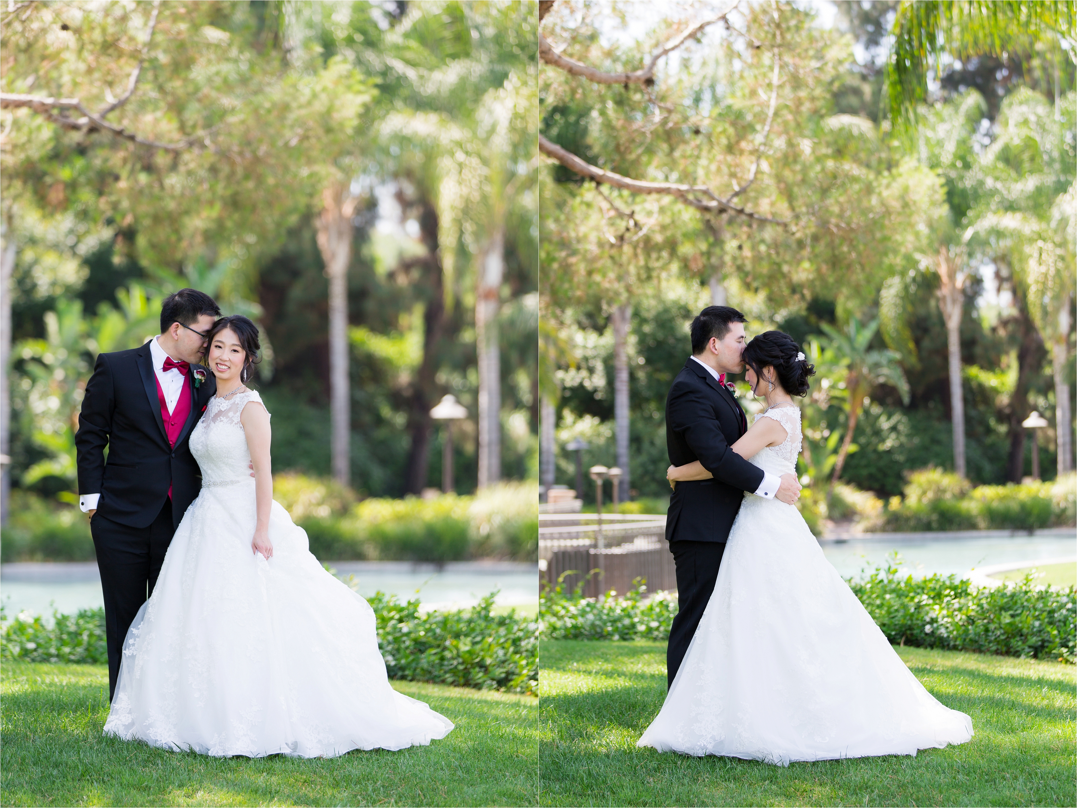 Cute couple's portrait of bride and groom outdoors