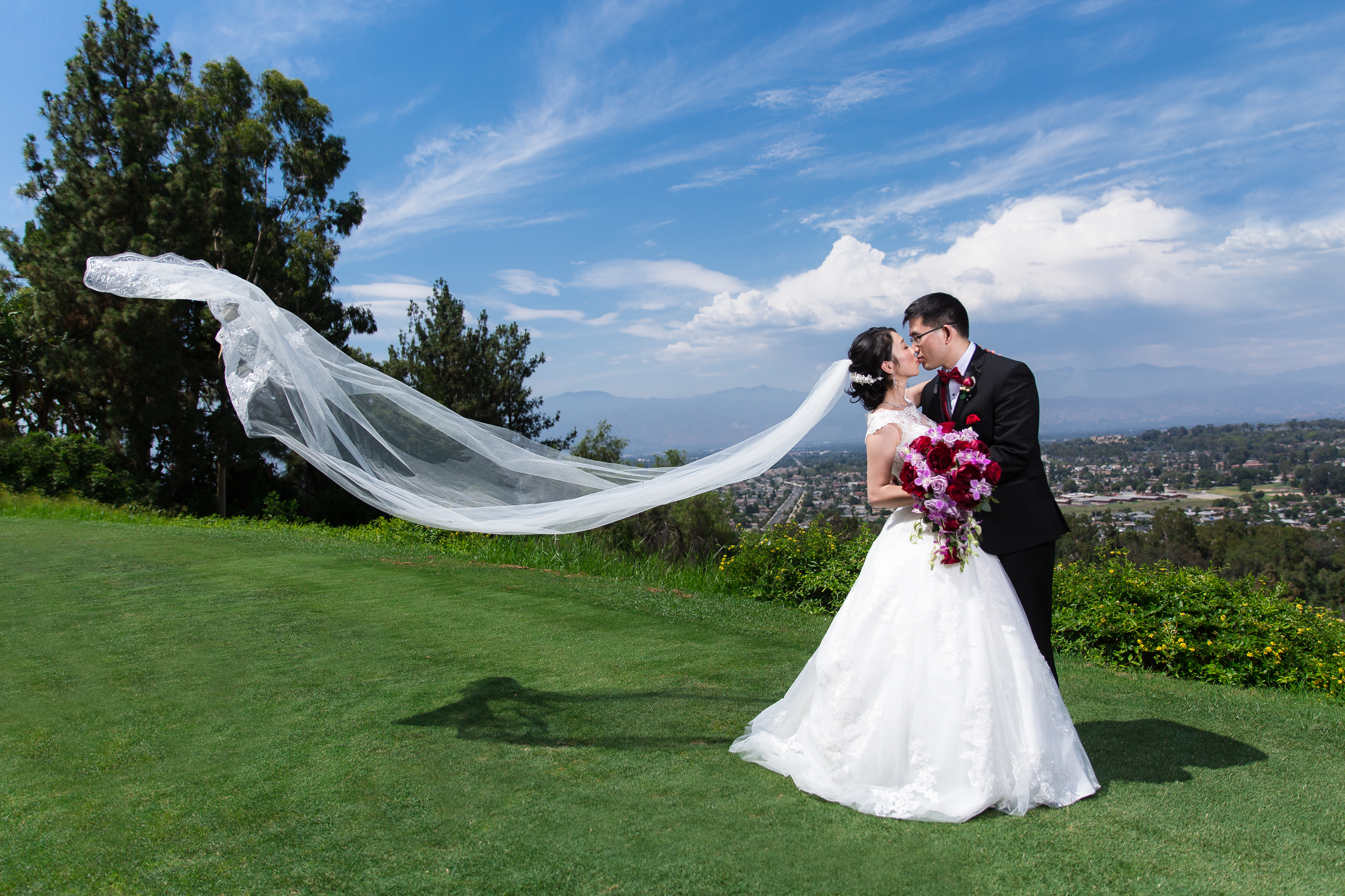 Wedding couple kissing in grass with veil flying overlooking the city in CA