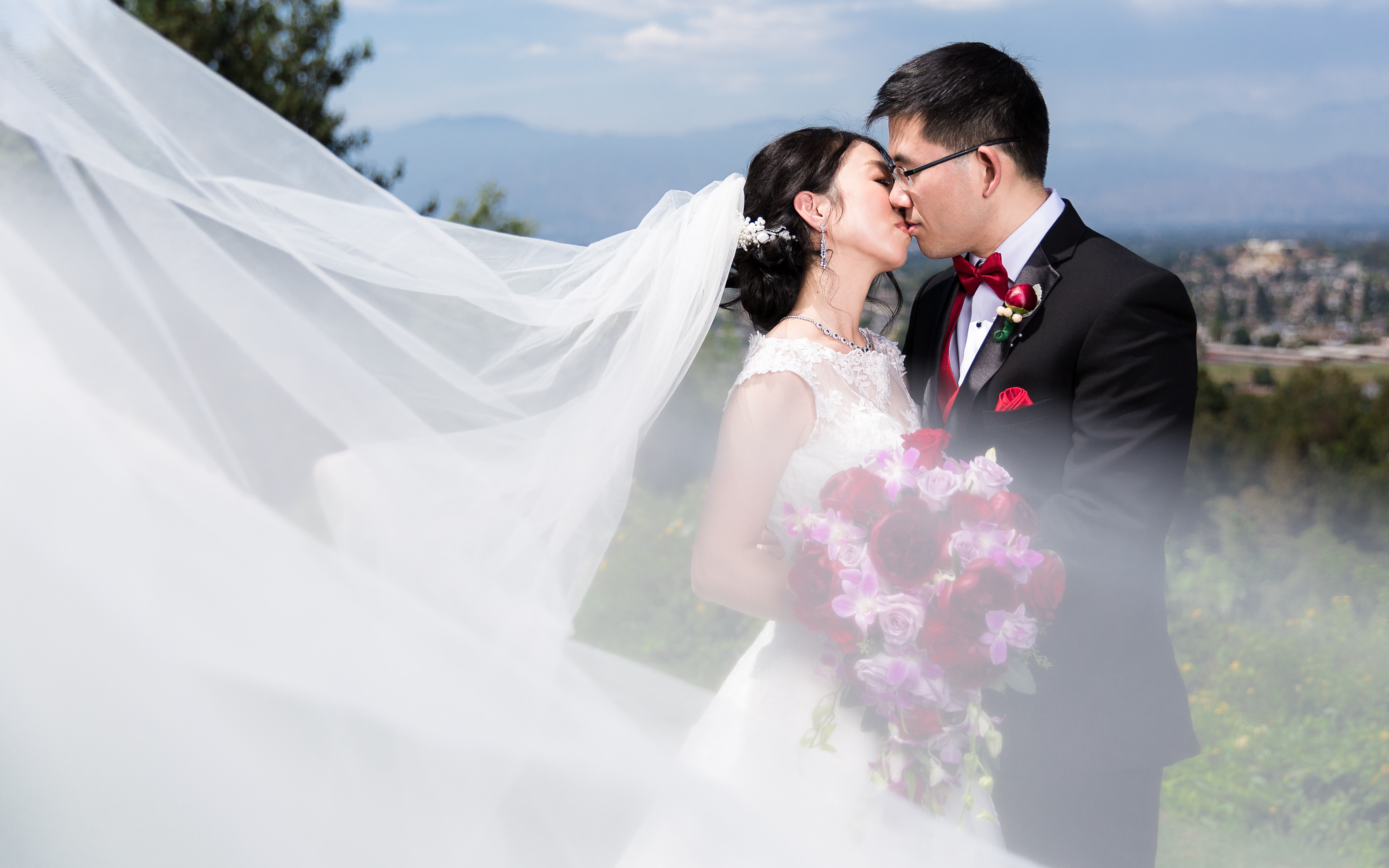 Wedding couple kissing behind long flowing veil in the daytime