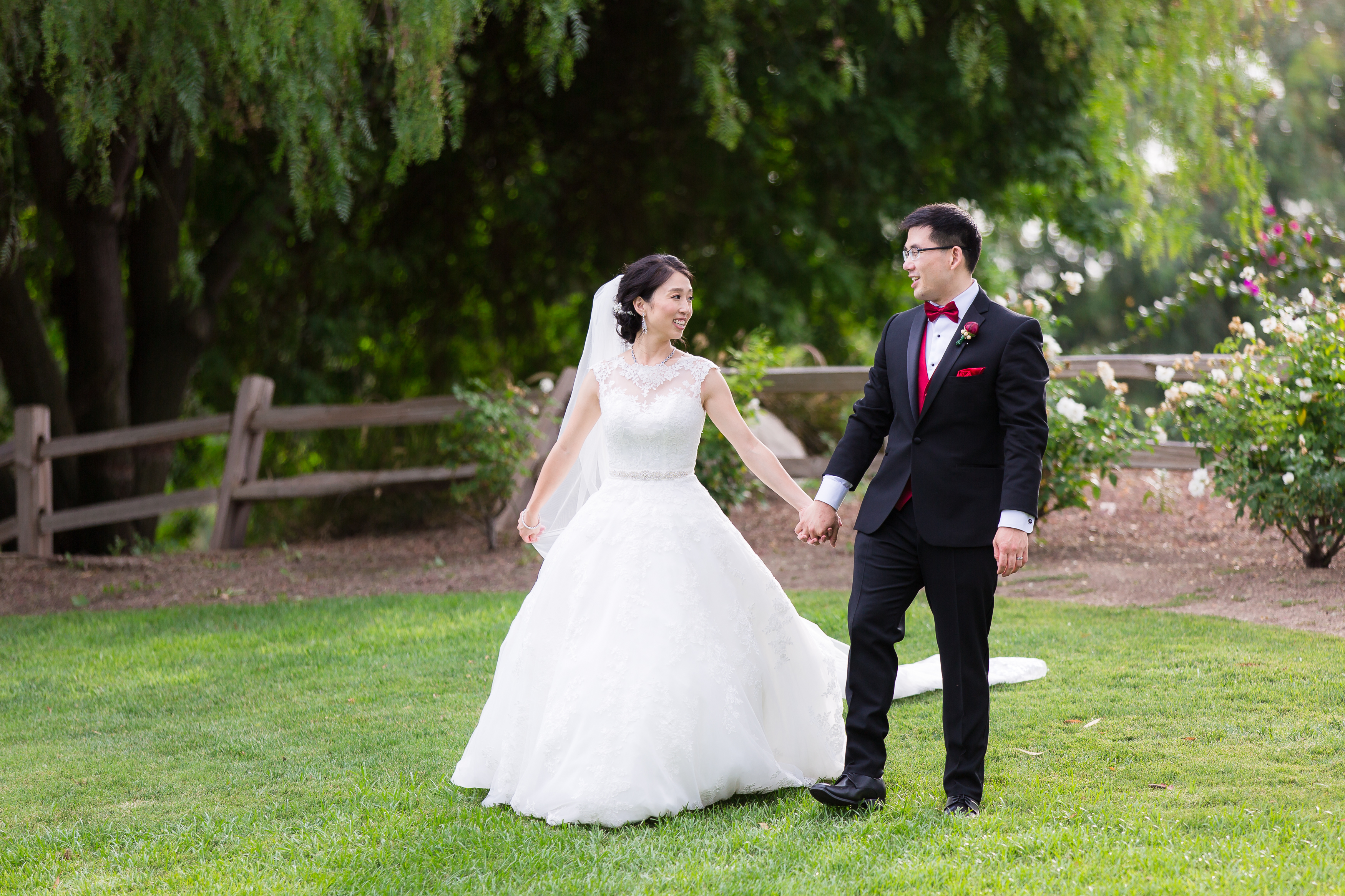 Wedding couple walking hand in hand laughing towards each other