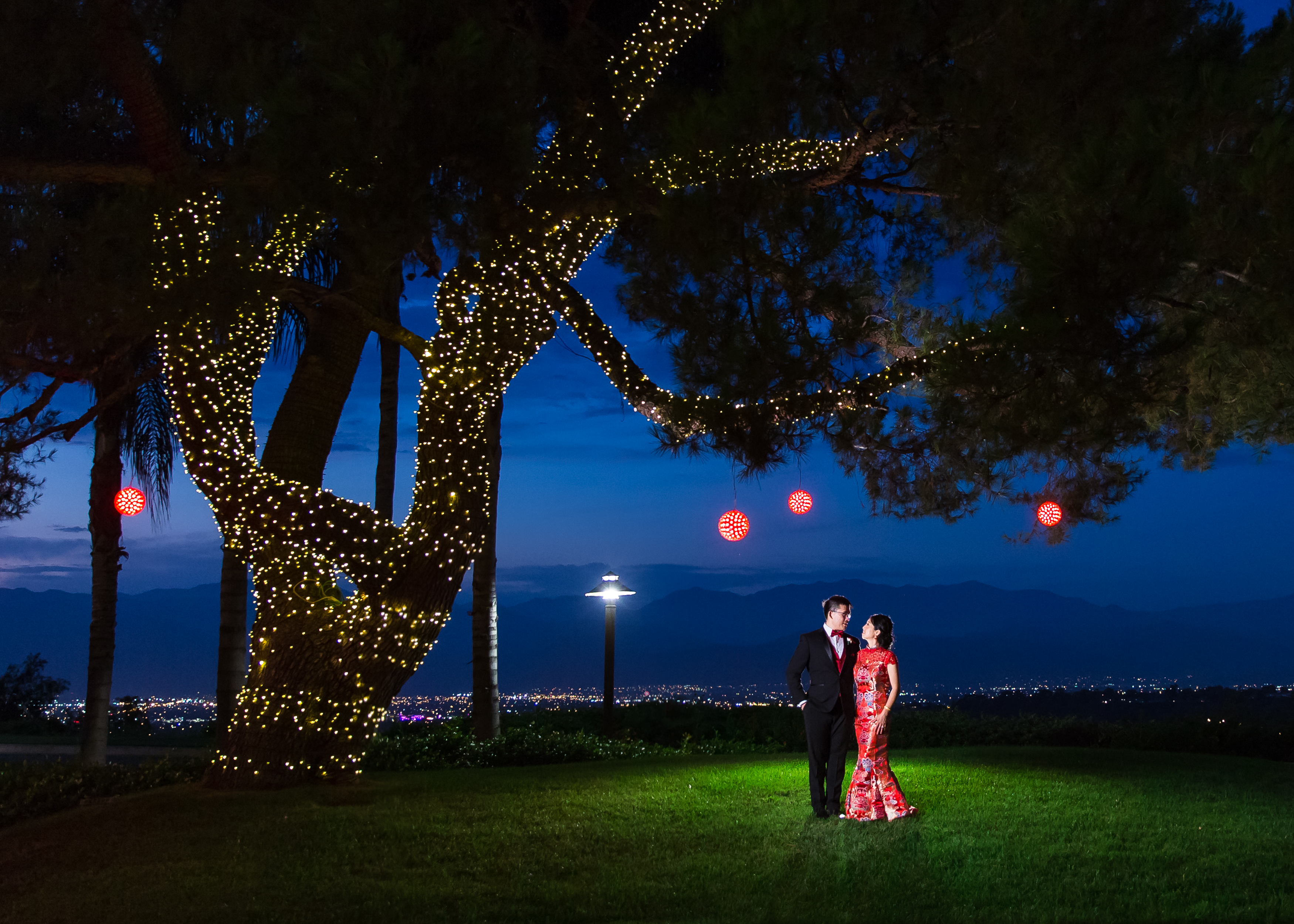 Bride and groom by tree at night at Pacific Palms Resort Wedding