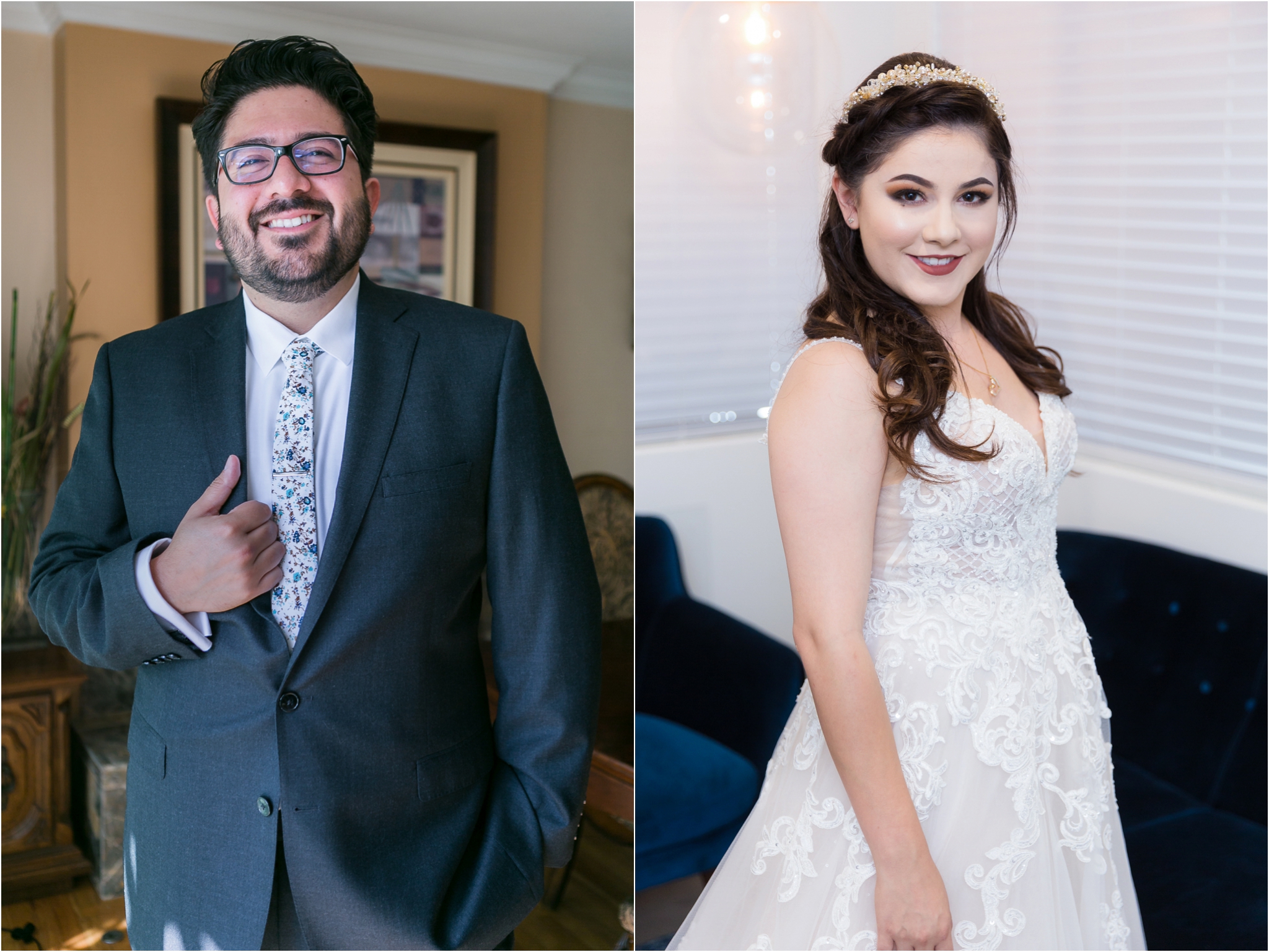bride and groom separate portraits