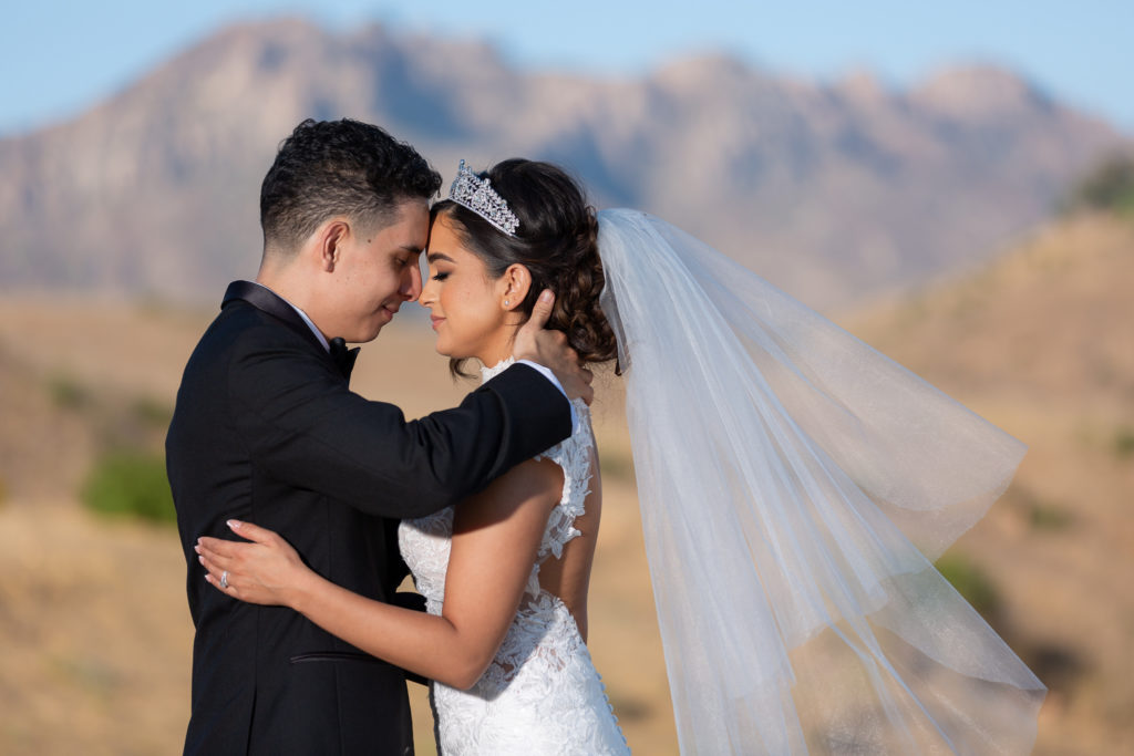bride and groom embracing with a mountain range in the distance for their outdoor wedding in California with Dallas wedding photographers