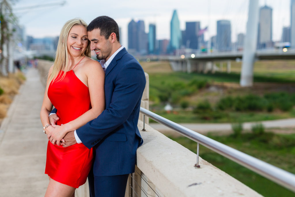 Dallas skyline background during engagement photoshoot