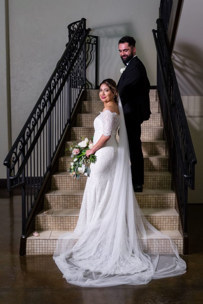 Bride and groom portrait on stairs