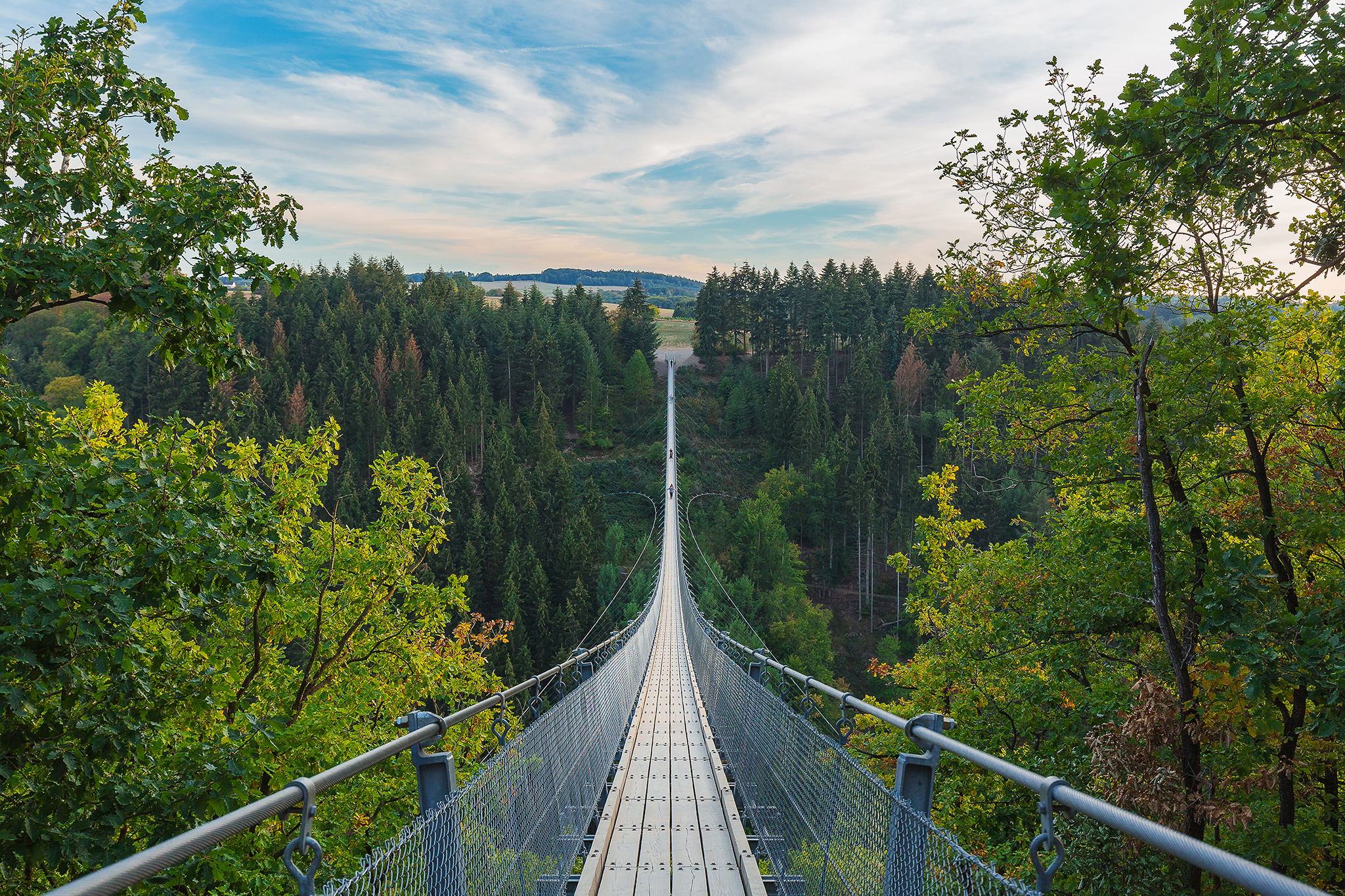 Serene view down the empty Geierlay suspension bridge in Hunsrück, Morsdorf, Germany taken by Stefani Ciotti Photography