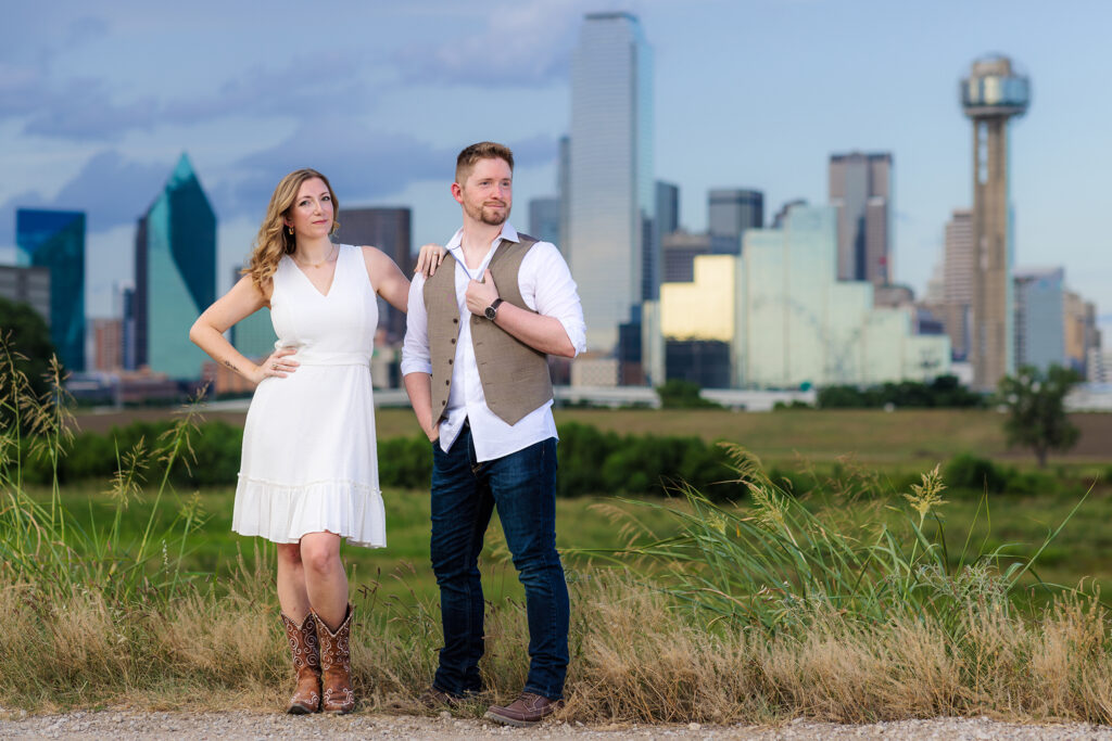 Engaged man and woman looking out in the distance during outdoor Dallas engagement session