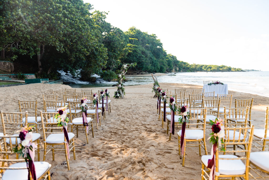 Destination wedding ceremony setup at Laughing Waters in Jamaica