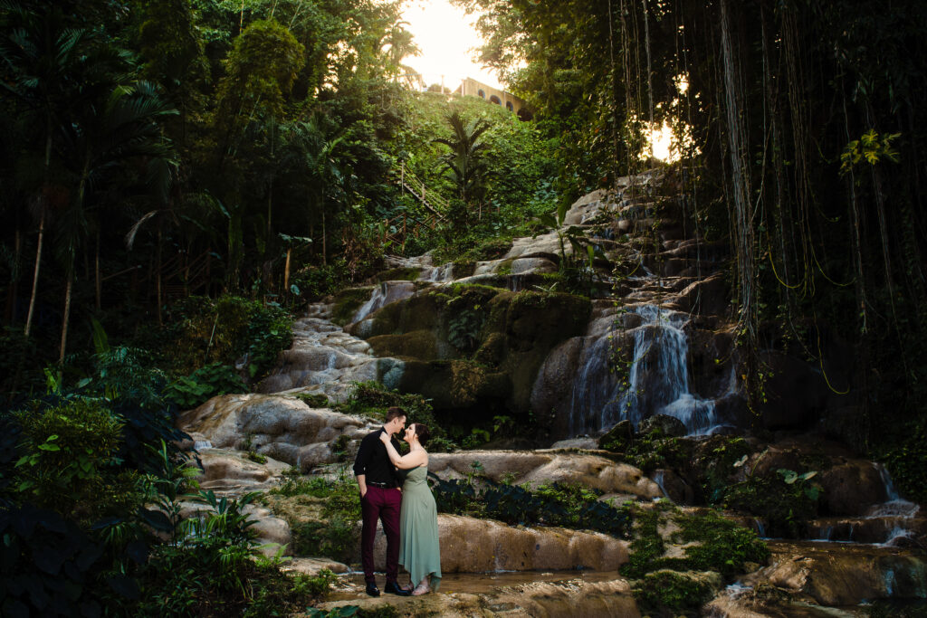 Engagement photos at Konoko Falls & Park in Jamaica at waterfall
