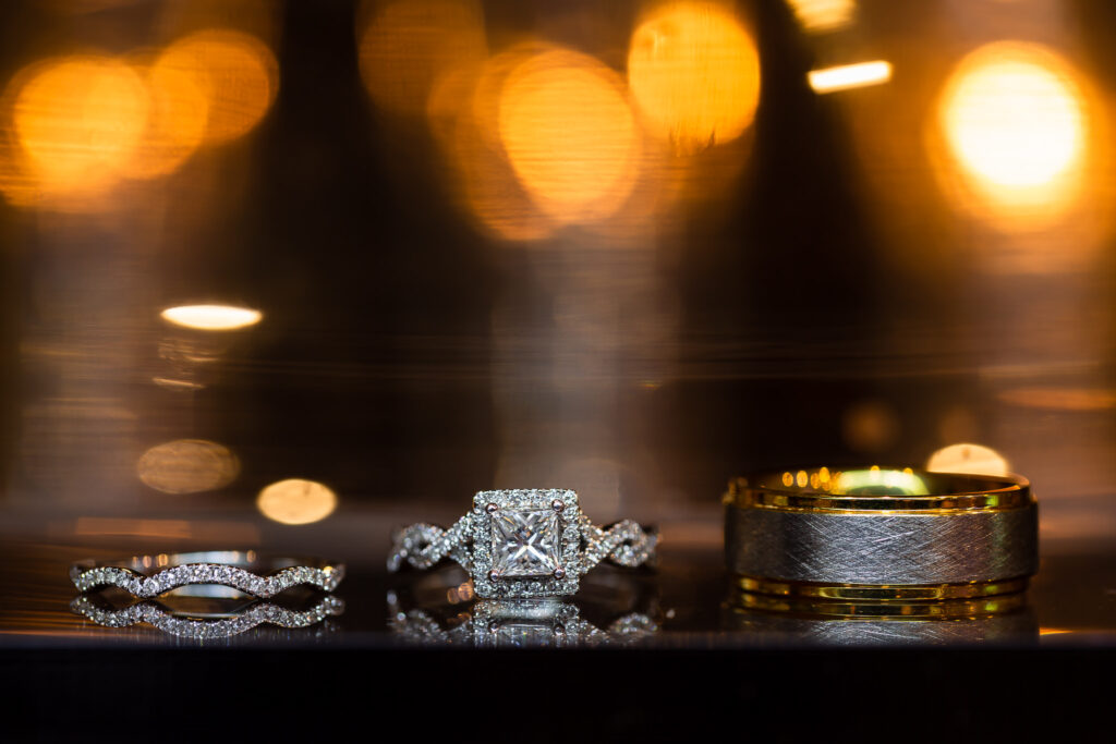 Square halo diamond wedding ring set with criss cross diamond bands