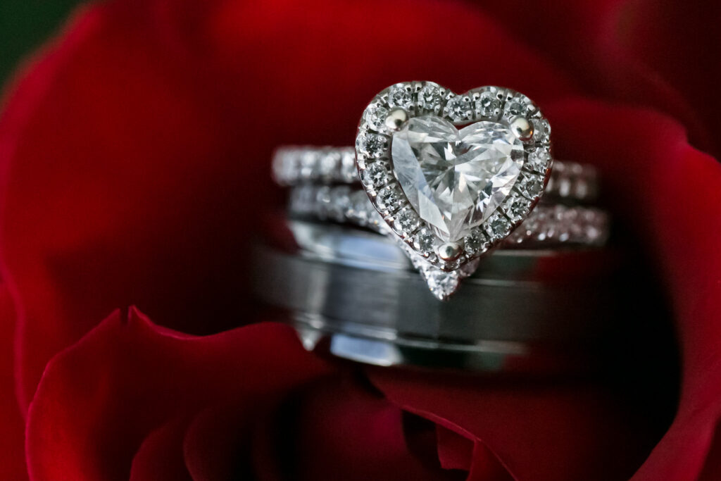 Heart halo diamond ring and diamond and black wedding band set