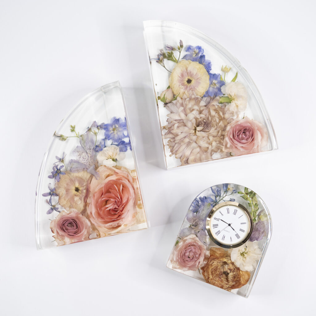 wedding bouquet preserved in book end and clock resin molds