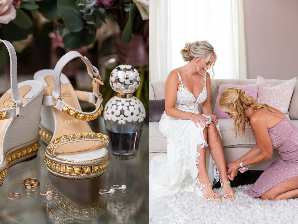 Elegant Montclair Venue Wedding bride putting on shoes