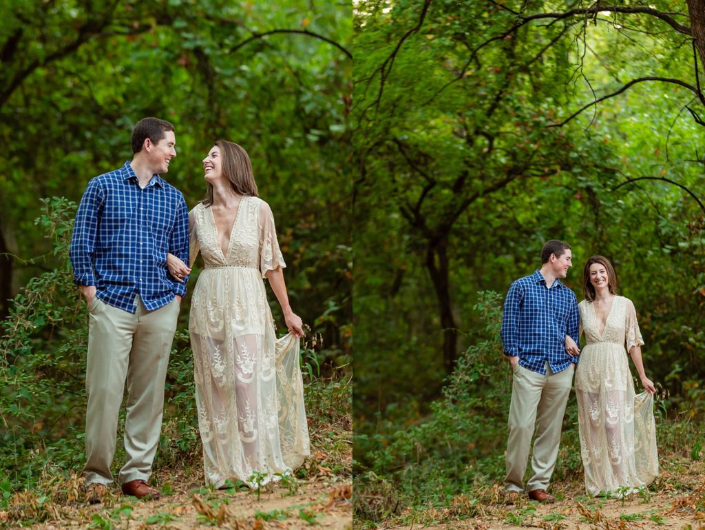 Couple walking in nature during engagement session