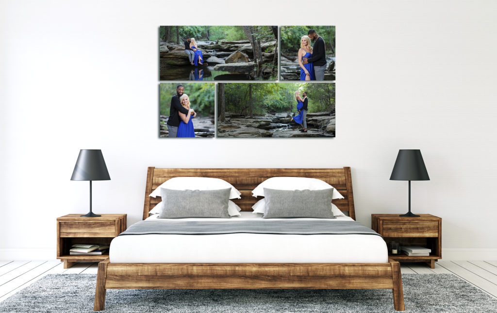 bedroom wall decorated with engagement images