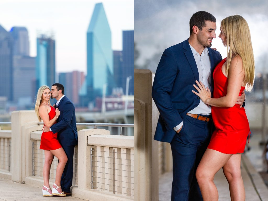 Engagement session photos in Dallas skyline background