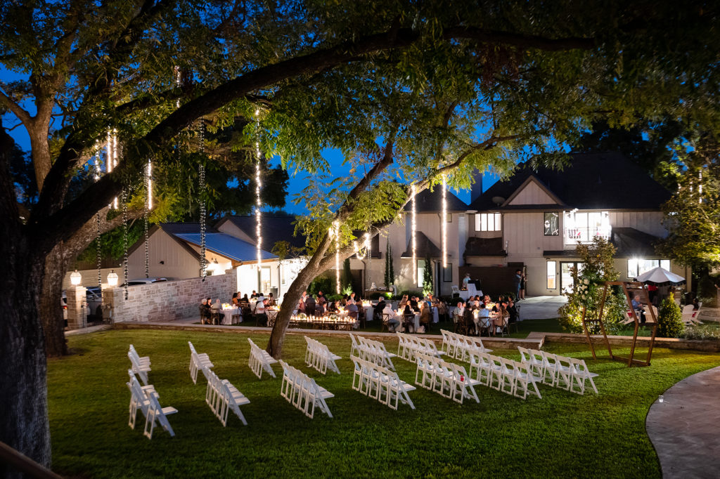 Sunset wedding ceremony and reception in Hotel Lucy's backyard